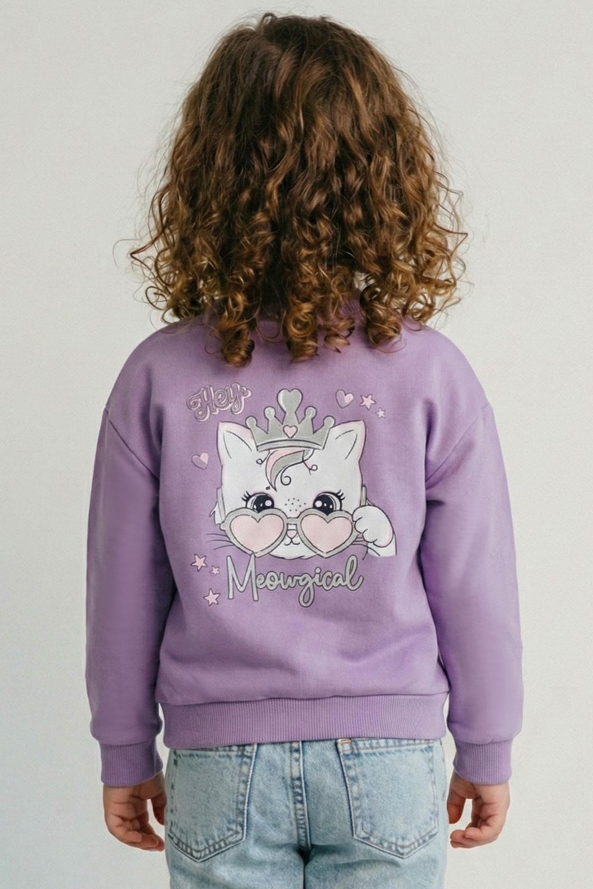 Breeze Kız Çocuk Sweatshirt Minik Taçlı Kedi Prenses Baskılı Sırt Baskı Detaylı Lila (1.5-5 Yaş)