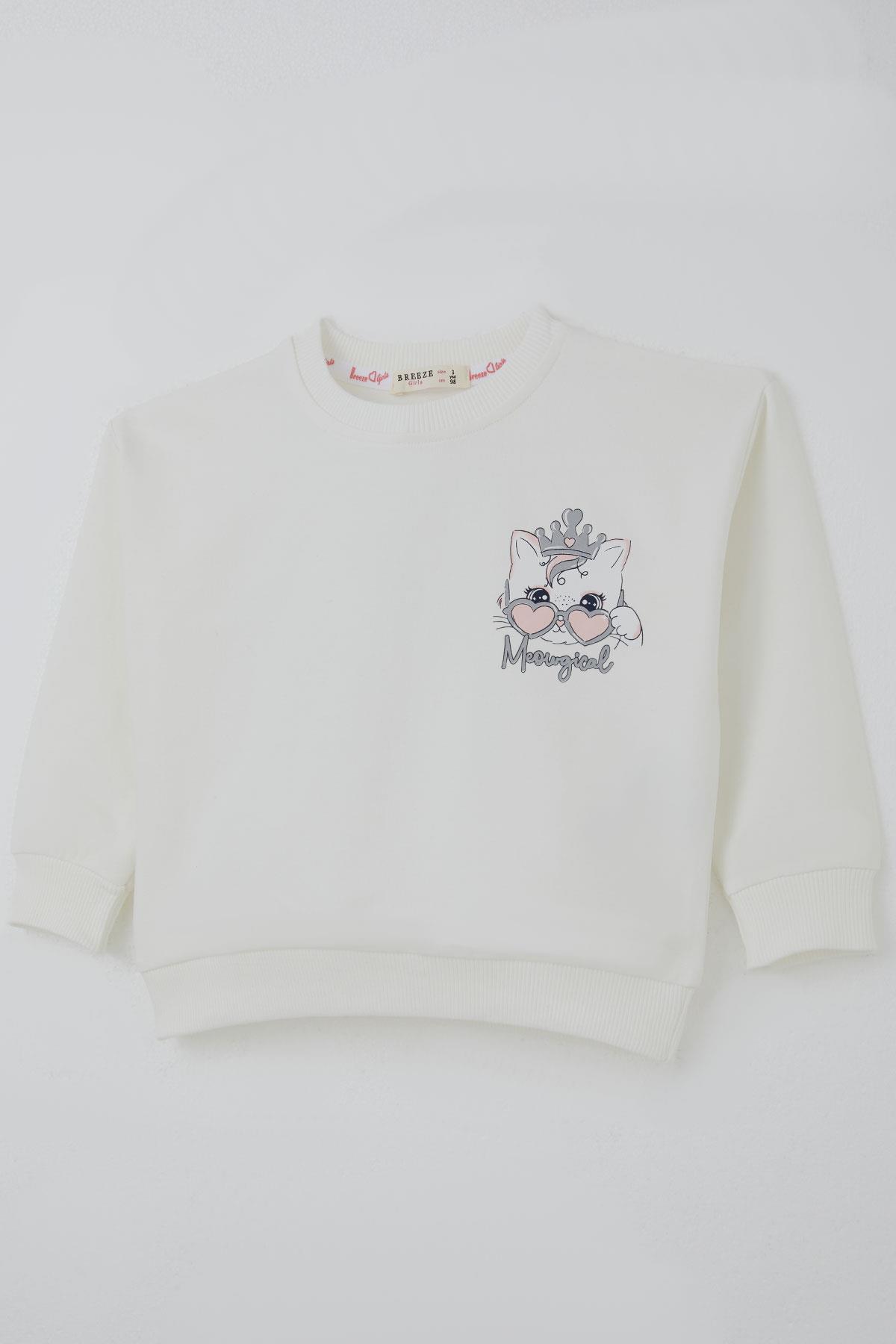Breeze Kız Çocuk Sweatshirt Minik Taçlı Kedi Prenses Baskılı Sırt Baskı Detaylı Ekru (1.5-5 Yaş)