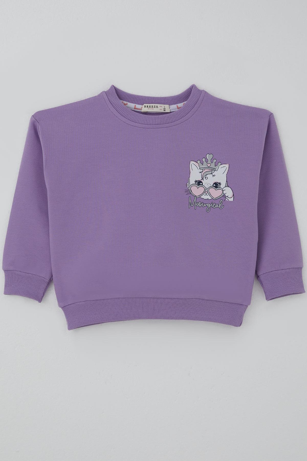 Breeze Kız Çocuk Sweatshirt Minik Taçlı Kedi Prenses Baskılı Sırt Baskı Detaylı Lila (1.5-5 Yaş)