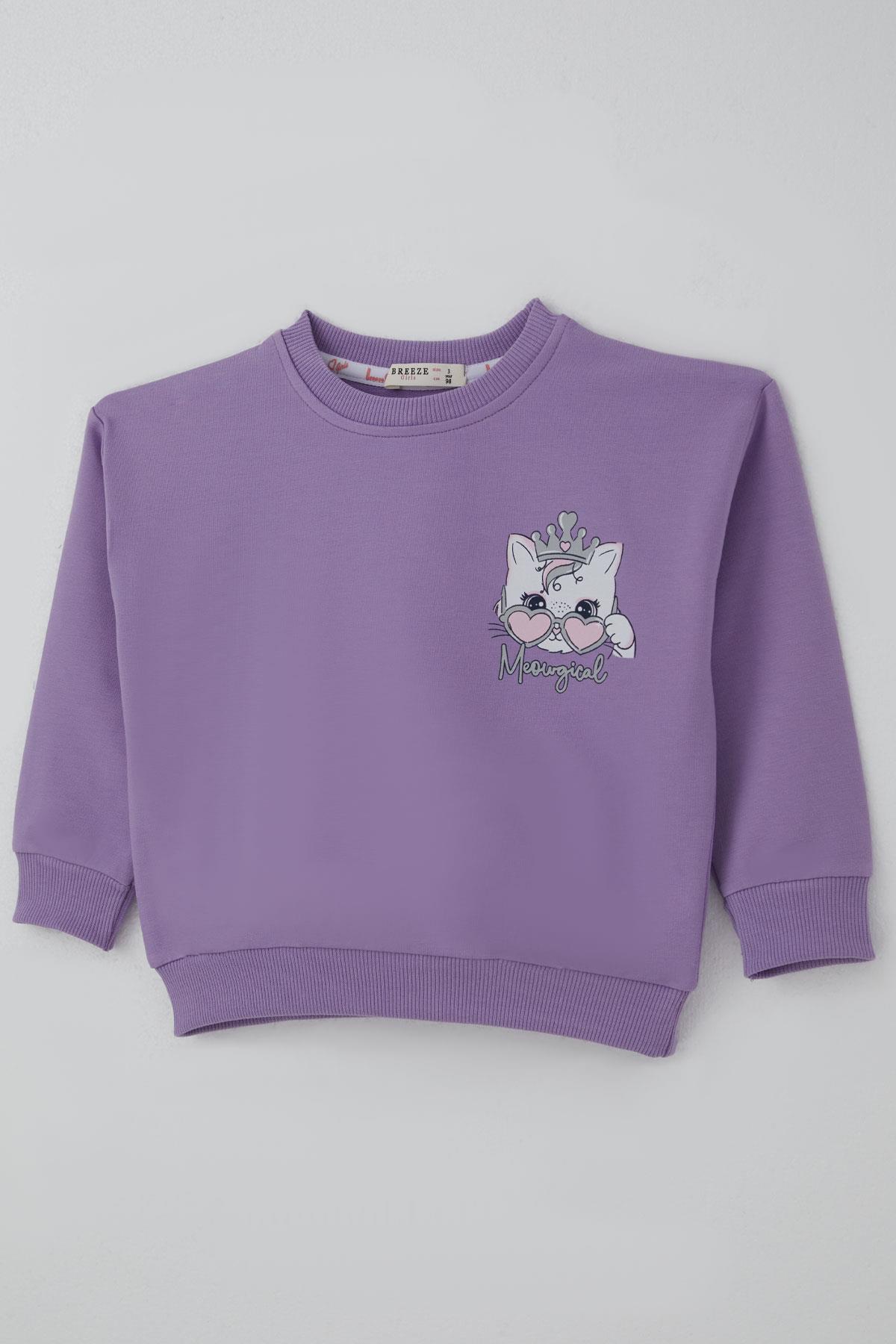 Breeze Kız Çocuk Sweatshirt Minik Taçlı Kedi Prenses Baskılı Sırt Baskı Detaylı Lila (1.5-5 Yaş)