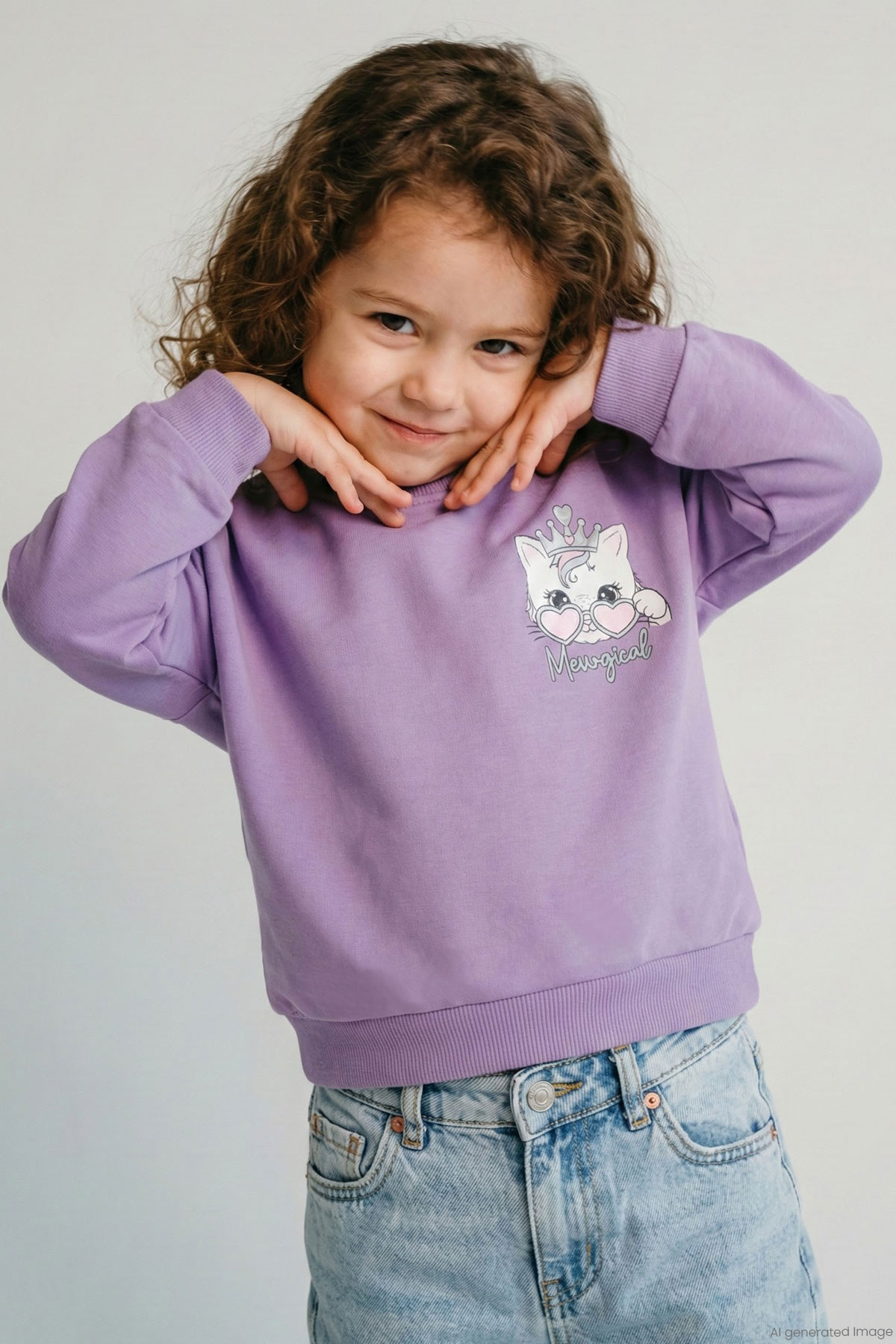 Breeze Kız Çocuk Sweatshirt Minik Taçlı Kedi Prenses Baskılı Sırt Baskı Detaylı Lila (1.5-5 Yaş)