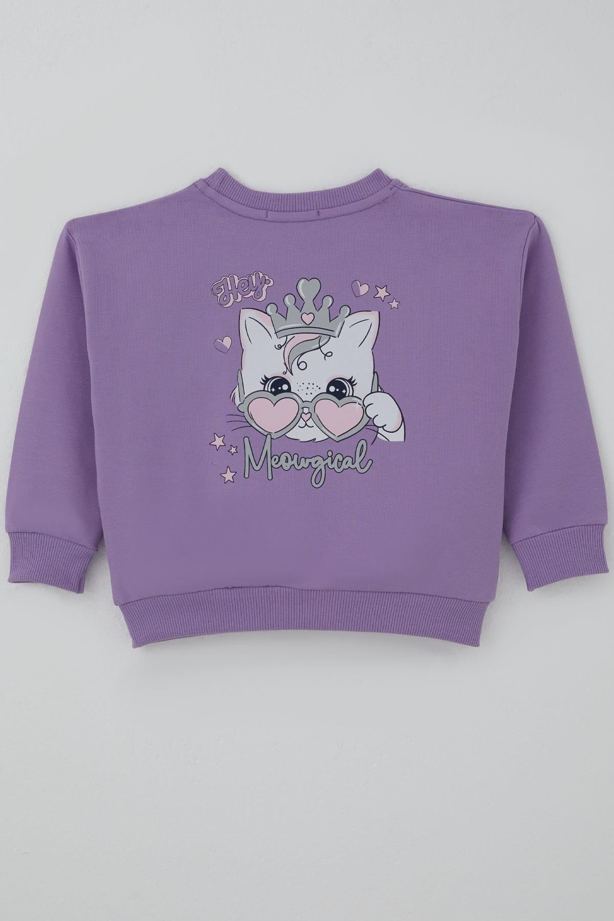Breeze Kız Çocuk Sweatshirt Minik Taçlı Kedi Prenses Baskılı Sırt Baskı Detaylı Lila (1.5-5 Yaş)