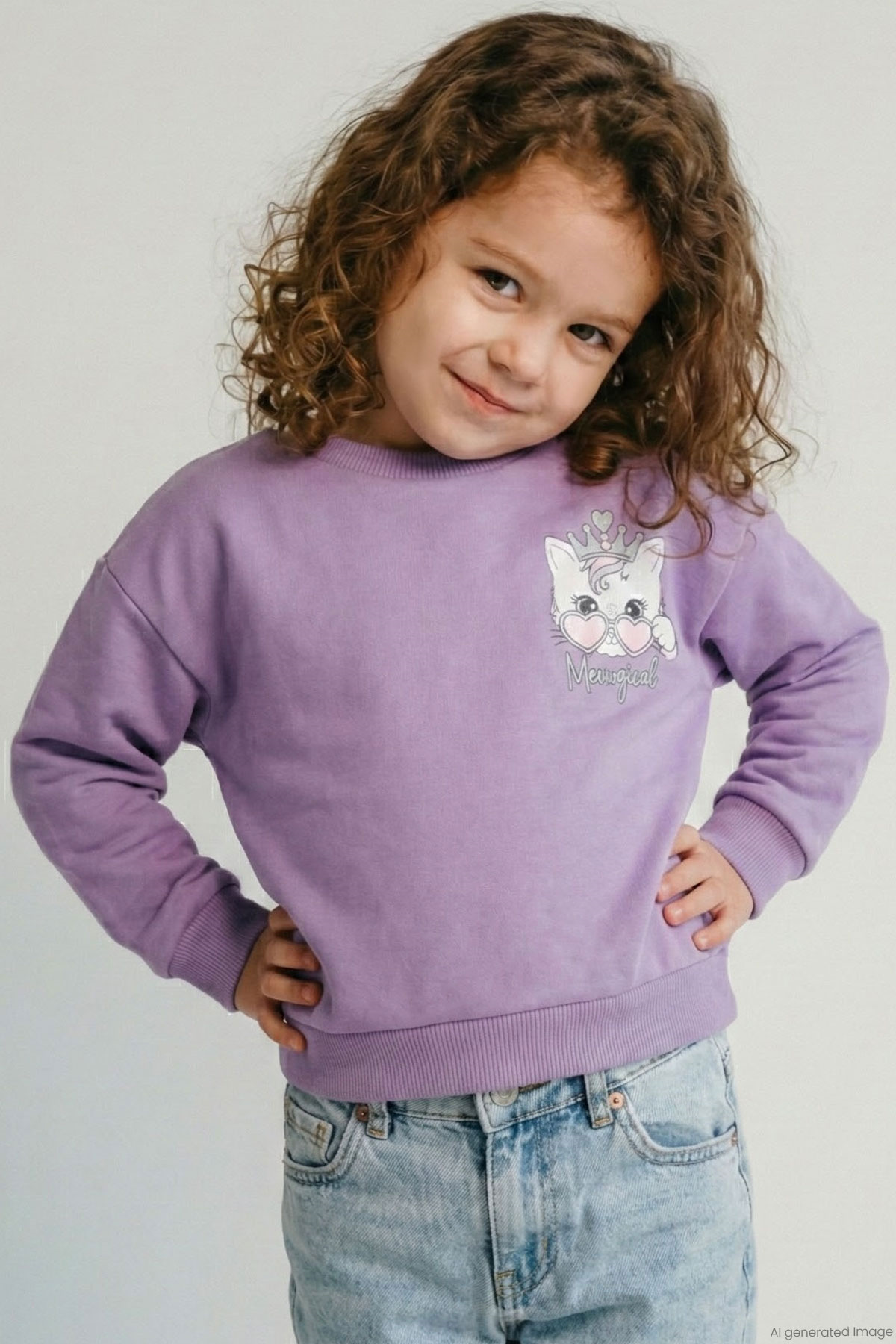 Breeze Kız Çocuk Sweatshirt Minik Taçlı Kedi Prenses Baskılı Sırt Baskı Detaylı Lila (1.5-5 Yaş)