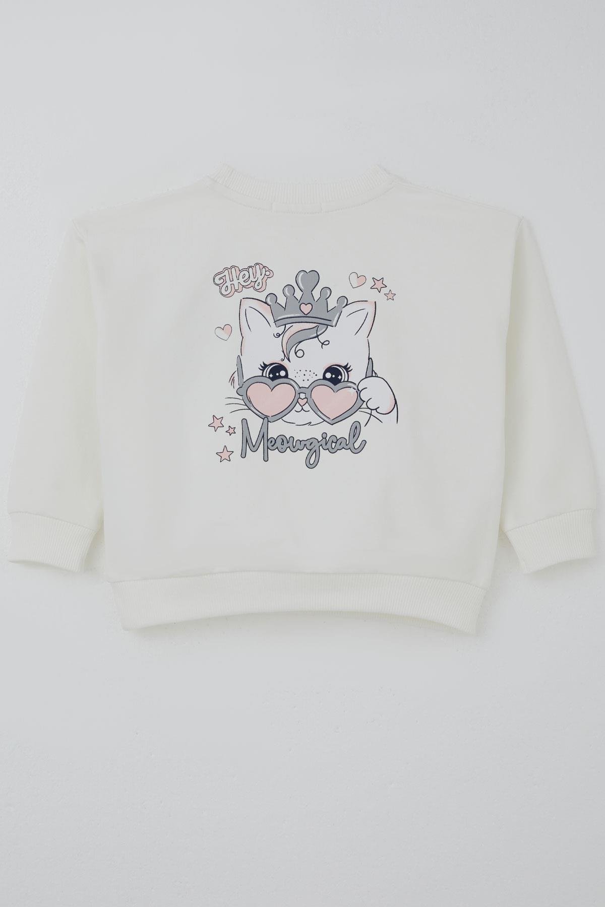 Breeze Kız Çocuk Sweatshirt Minik Taçlı Kedi Prenses Baskılı Sırt Baskı Detaylı Ekru (1.5-5 Yaş)