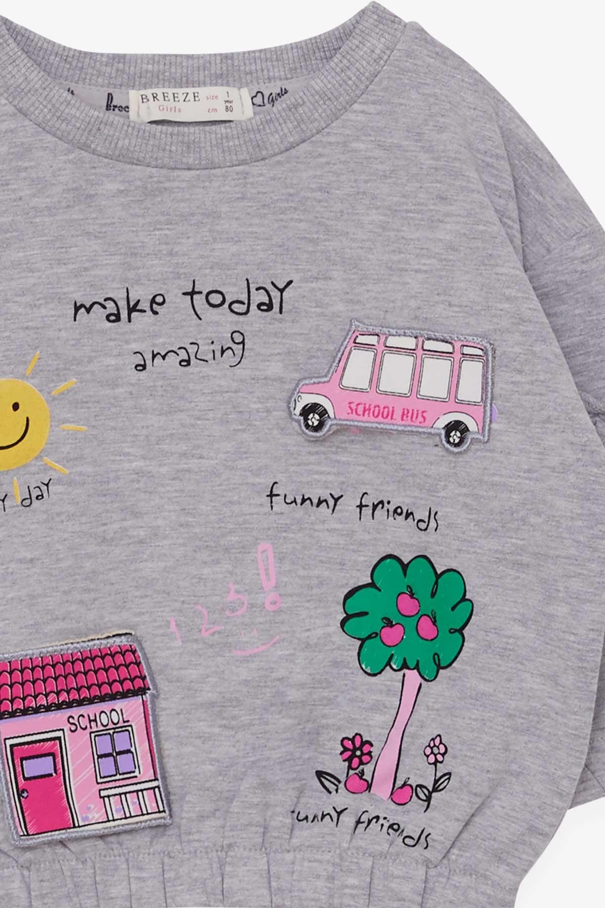 Breeze Kız Çocuk Sweatshirt Okul Temalı Gri Melanj (1-4 Yaş)