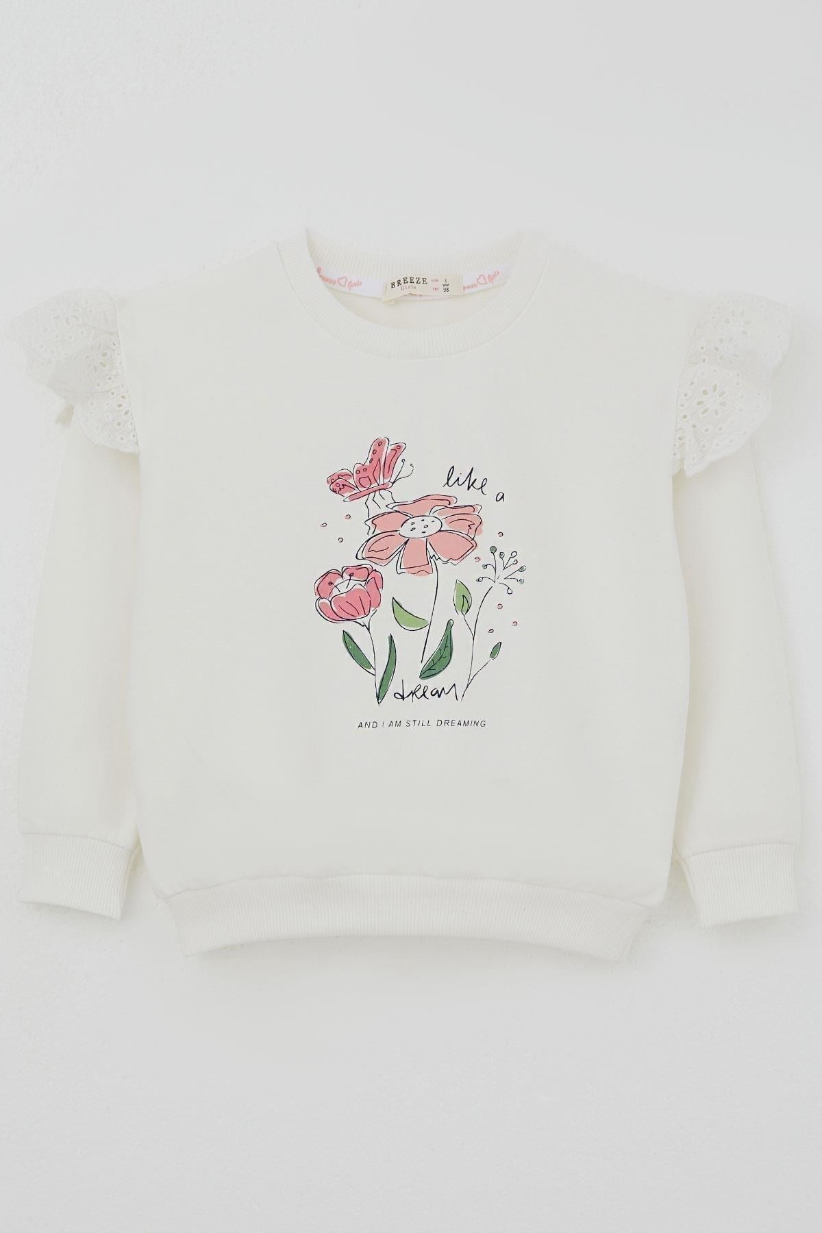 Breeze Kız Çocuk Sweatshirt Omuzları Çiçek Nakış Detaylı Çiçek Baskılı Ekru (2-6 Yaş)