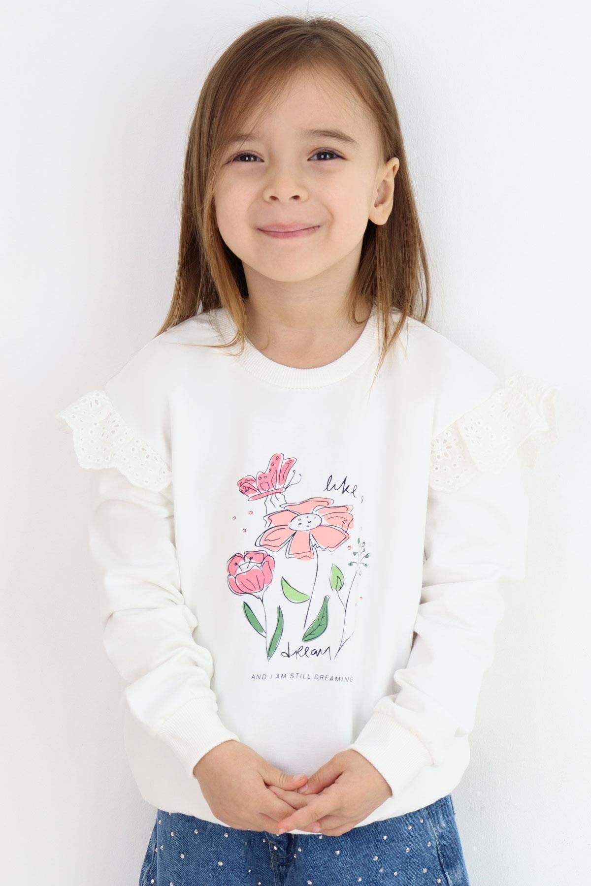 Breeze Kız Çocuk Sweatshirt Omuzları Çiçek Nakış Detaylı Çiçek Baskılı Ekru (2-6 Yaş)