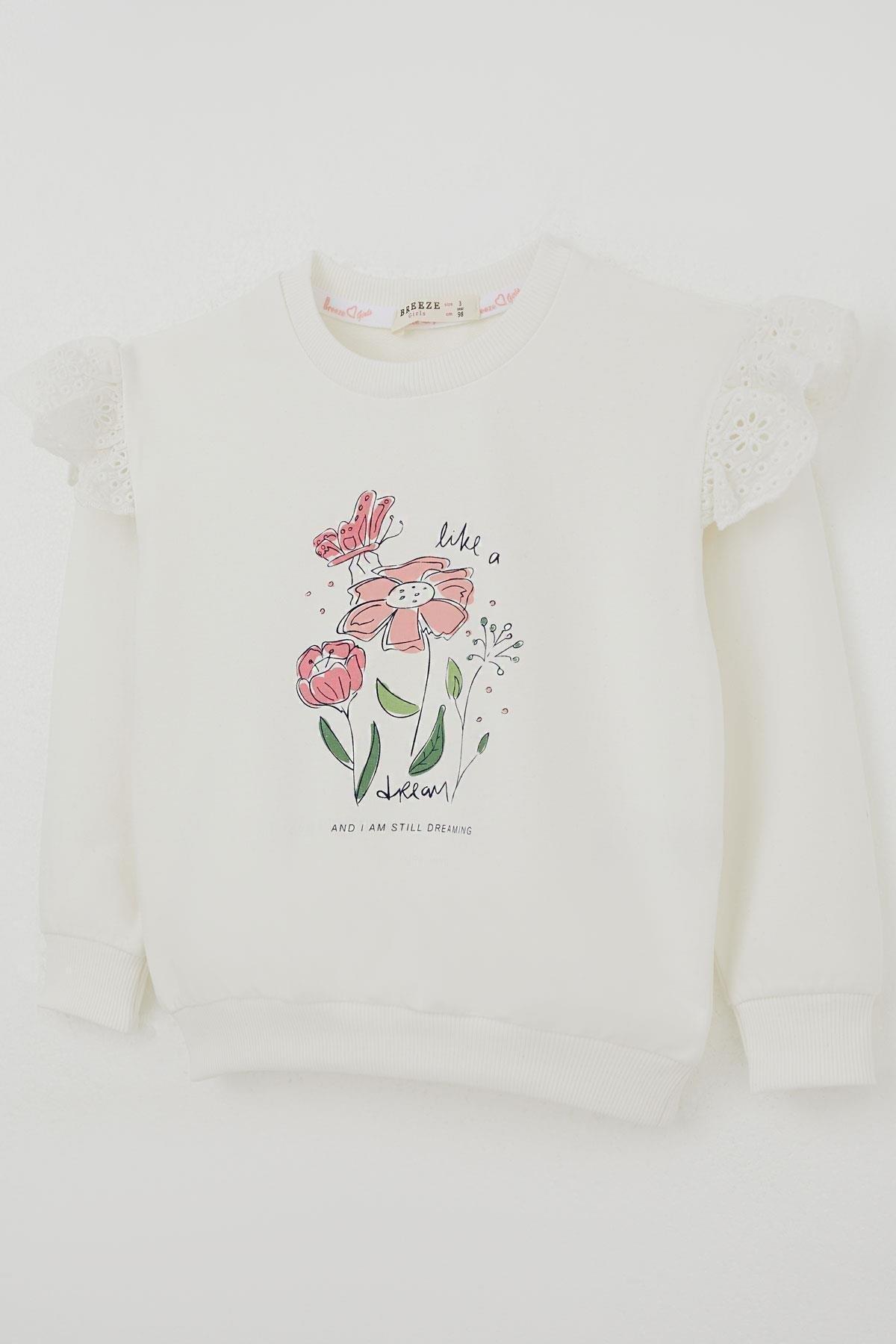 Breeze Kız Çocuk Sweatshirt Omuzları Çiçek Nakış Detaylı Çiçek Baskılı Ekru (2-6 Yaş)