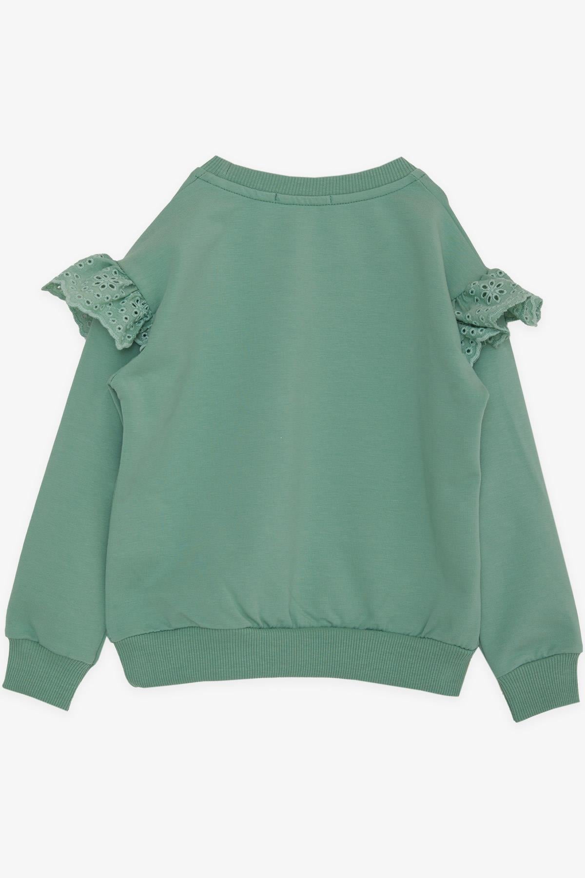 Breeze Kız Çocuk Sweatshirt Omuzu Güpürlü Simli Kalp Baskılı Mint Yeşili (2-6 Yaş)