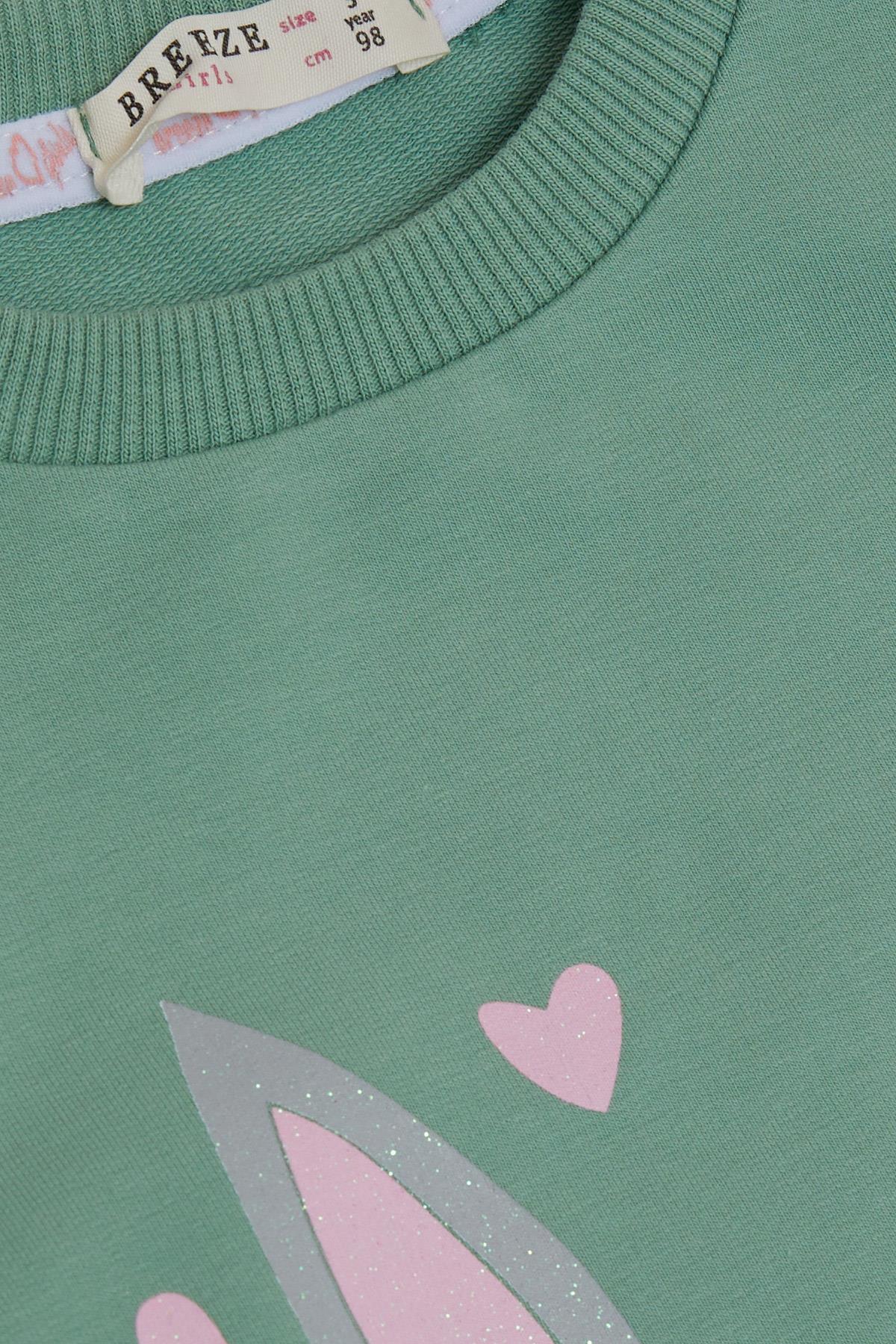 Breeze Kız Çocuk Sweatshirt Omuzu Güpürlü Simli Kalp Baskılı Mint Yeşili (2-6 Yaş)