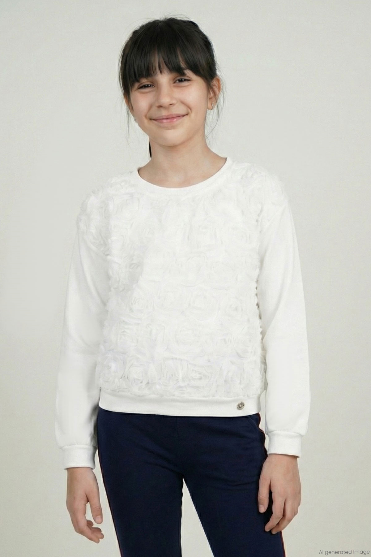 Breeze Kız Çocuk Sweatshirt Organze Kabartmalı Gül Detaylı Ekru (6-12 Yaş)