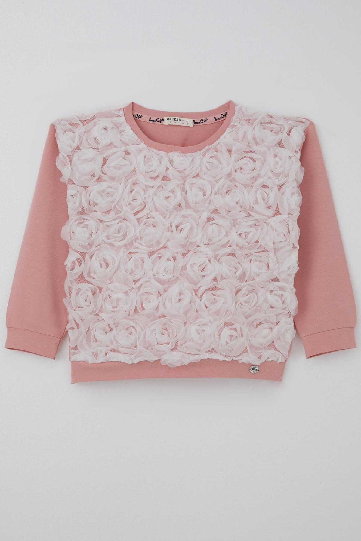 Breeze Kız Çocuk Sweatshirt Organze Kabartmalı Gül Detaylı Gülkurusu (6-12 Yaş)