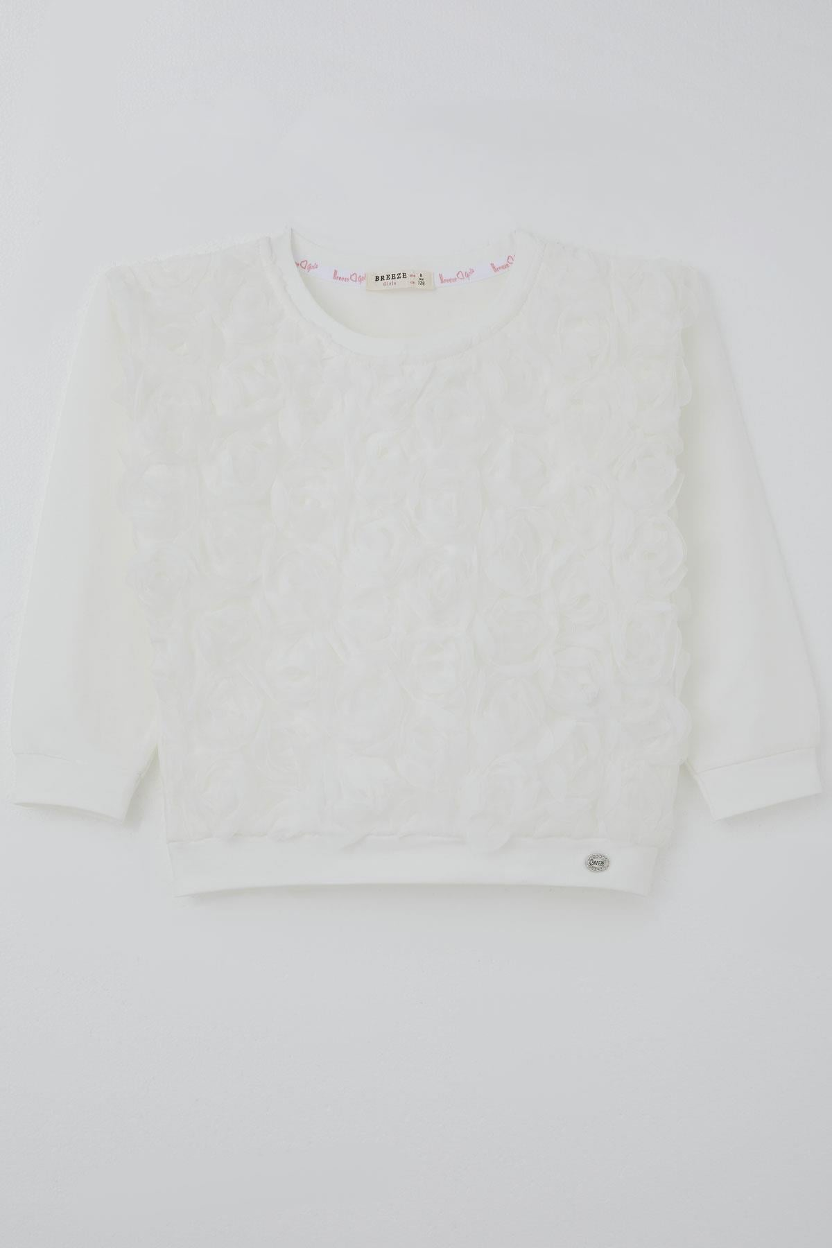 Breeze Kız Çocuk Sweatshirt Organze Kabartmalı Gül Detaylı Ekru (6-12 Yaş)