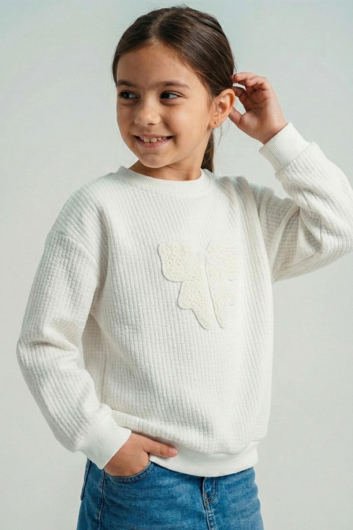 Breeze Kız Çocuk Sweatshirt Örgü Aplike Fiyonk Armalı Ekru (5-9 Yaş)