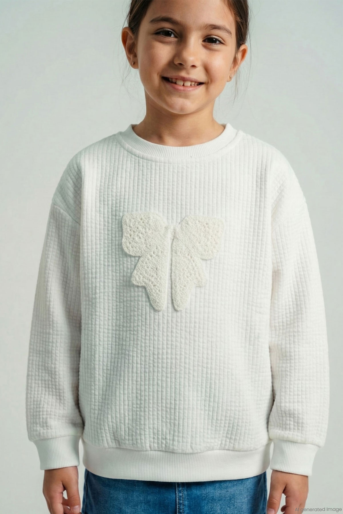 Breeze Kız Çocuk Sweatshirt Örgü Aplike Fiyonk Armalı Ekru (5-9 Yaş)