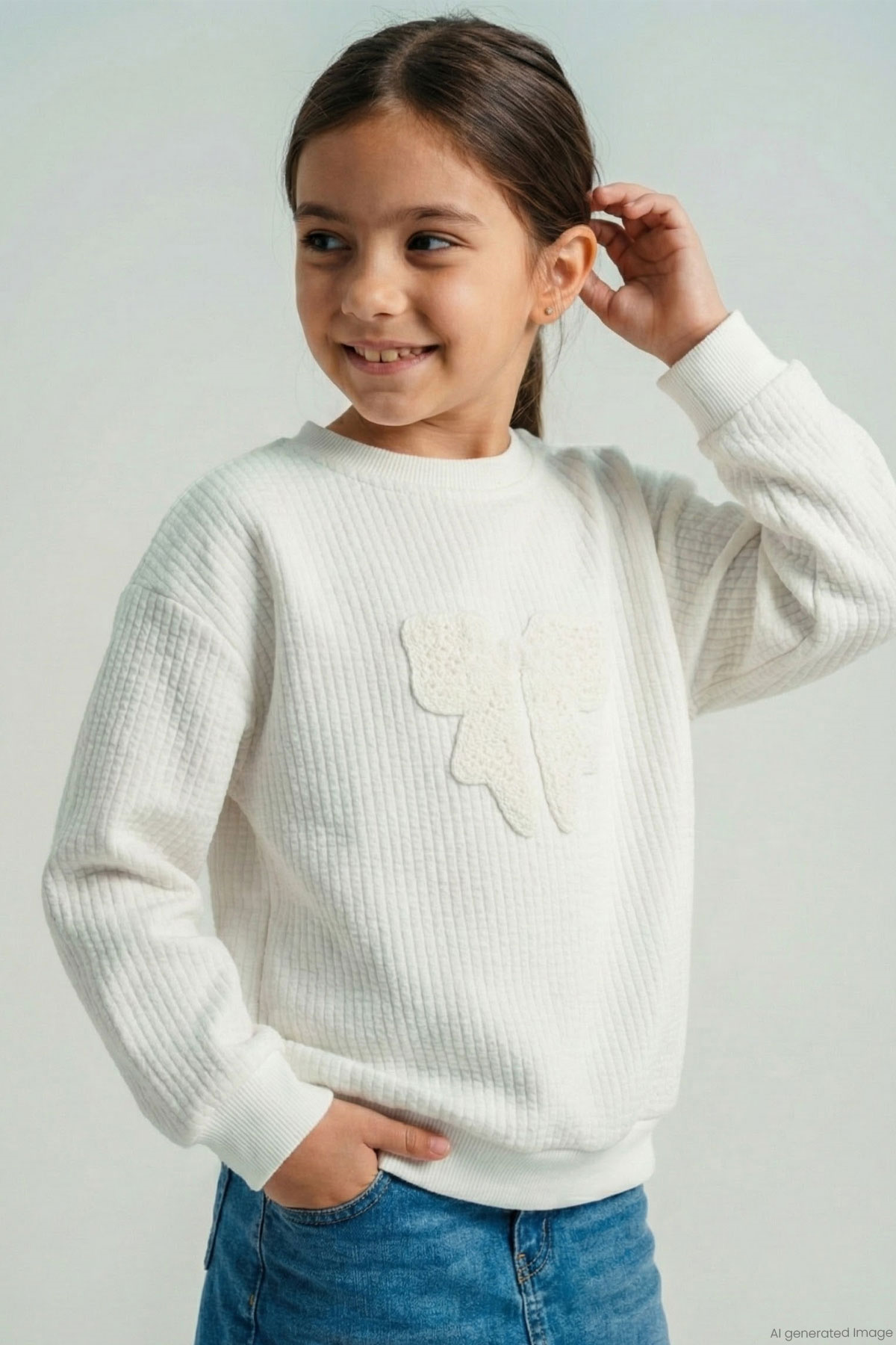 Breeze Kız Çocuk Sweatshirt Örgü Aplike Fiyonk Armalı Ekru (5-9 Yaş)
