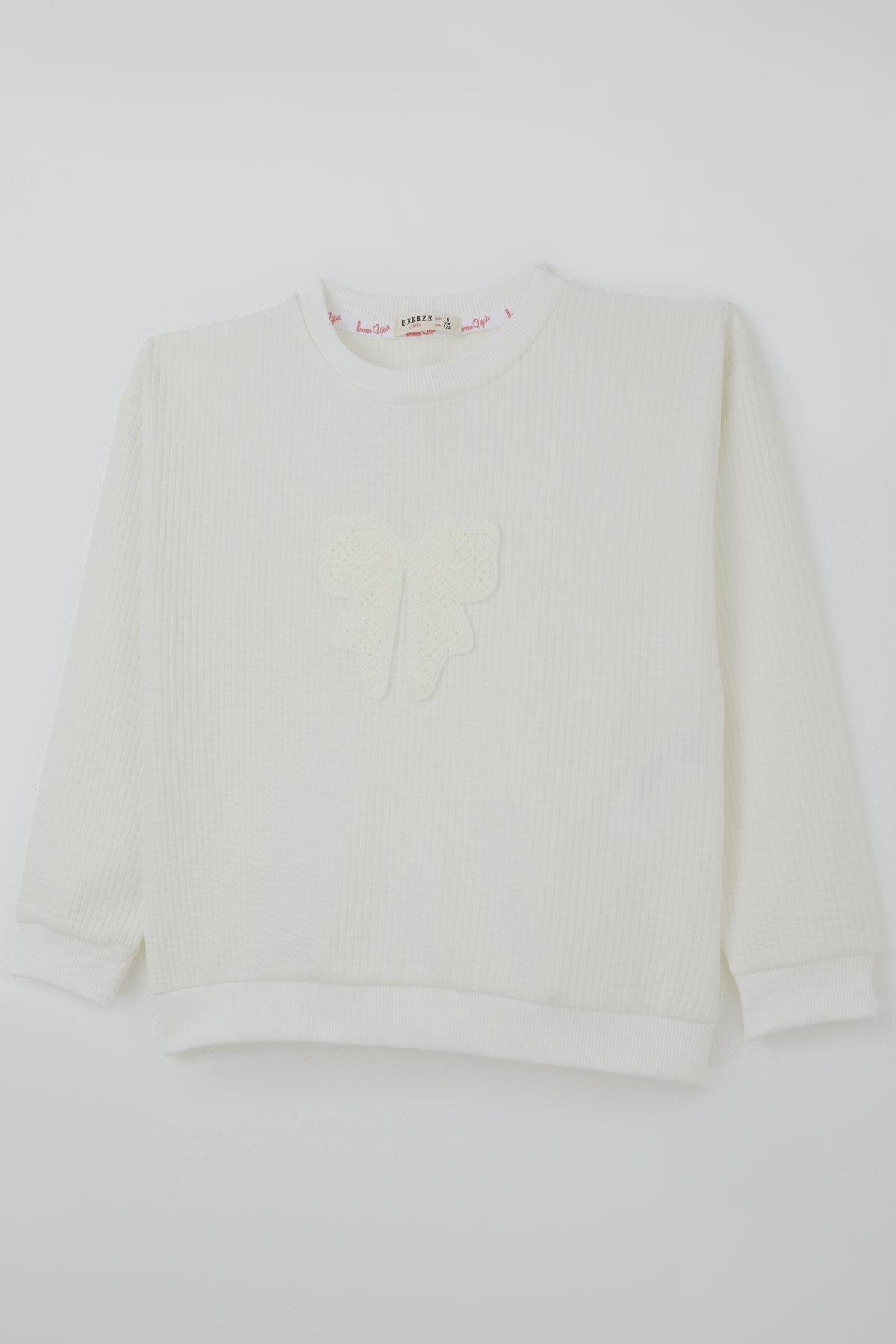 Breeze Kız Çocuk Sweatshirt Örgü Aplike Fiyonk Armalı Ekru (5-9 Yaş)