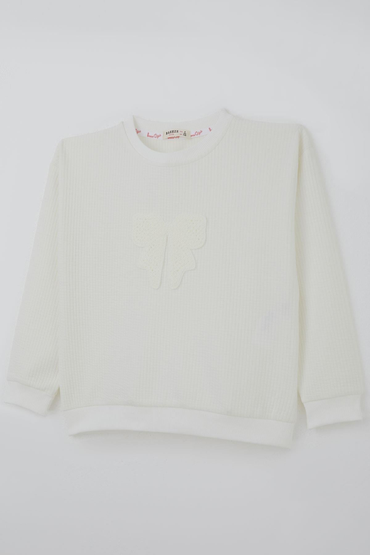 Breeze Kız Çocuk Sweatshirt Örgü Aplike Fiyonk Armalı Ekru (5-9 Yaş)