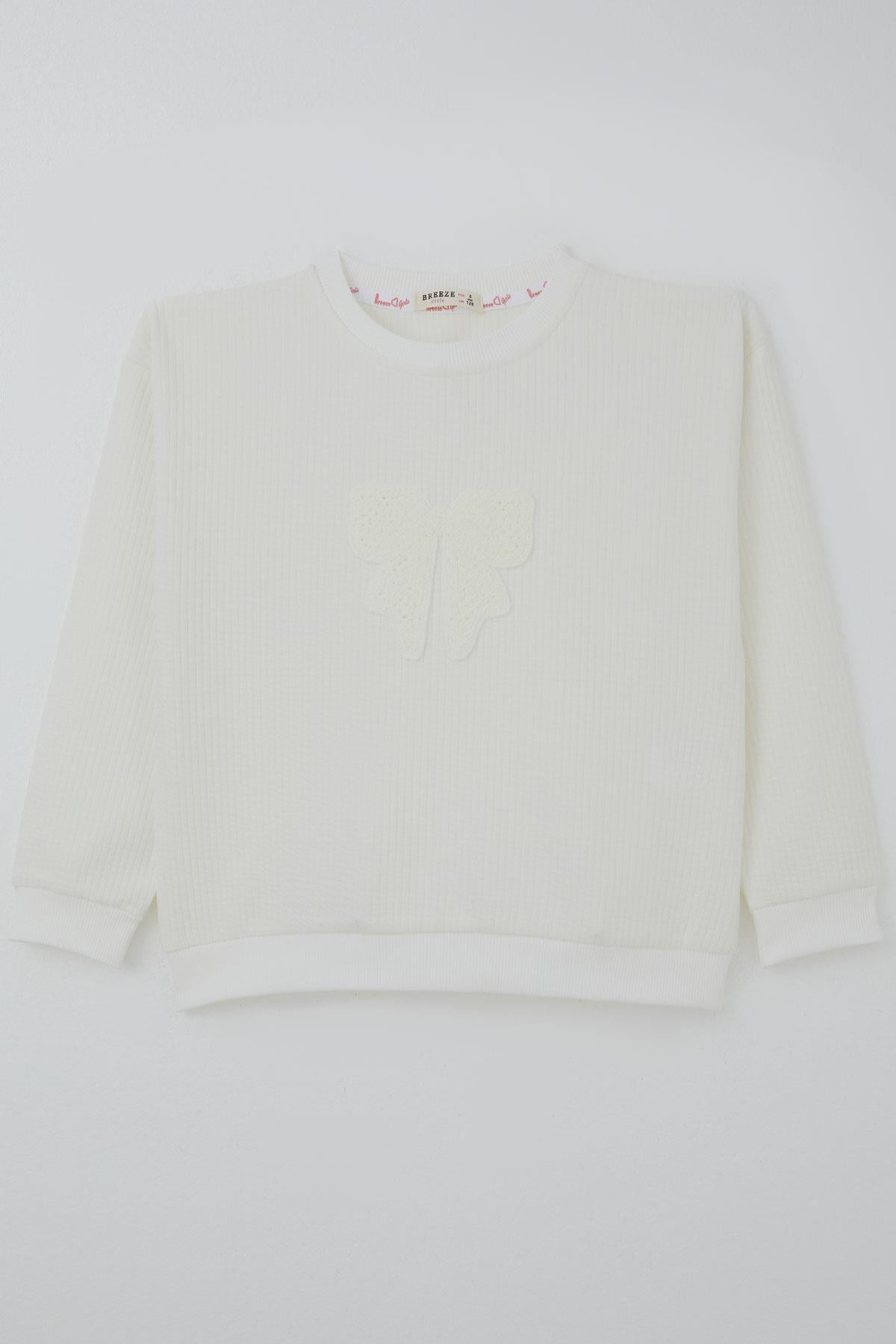 Breeze Kız Çocuk Sweatshirt Örgü Aplike Fiyonk Armalı Ekru (5-9 Yaş)