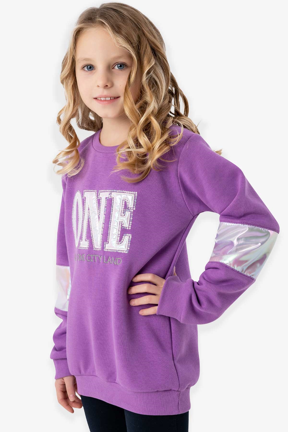 Breeze Kız Çocuk Sweatshirt Parlak Yazı Nakışlı Mor (8-14 Yaş)