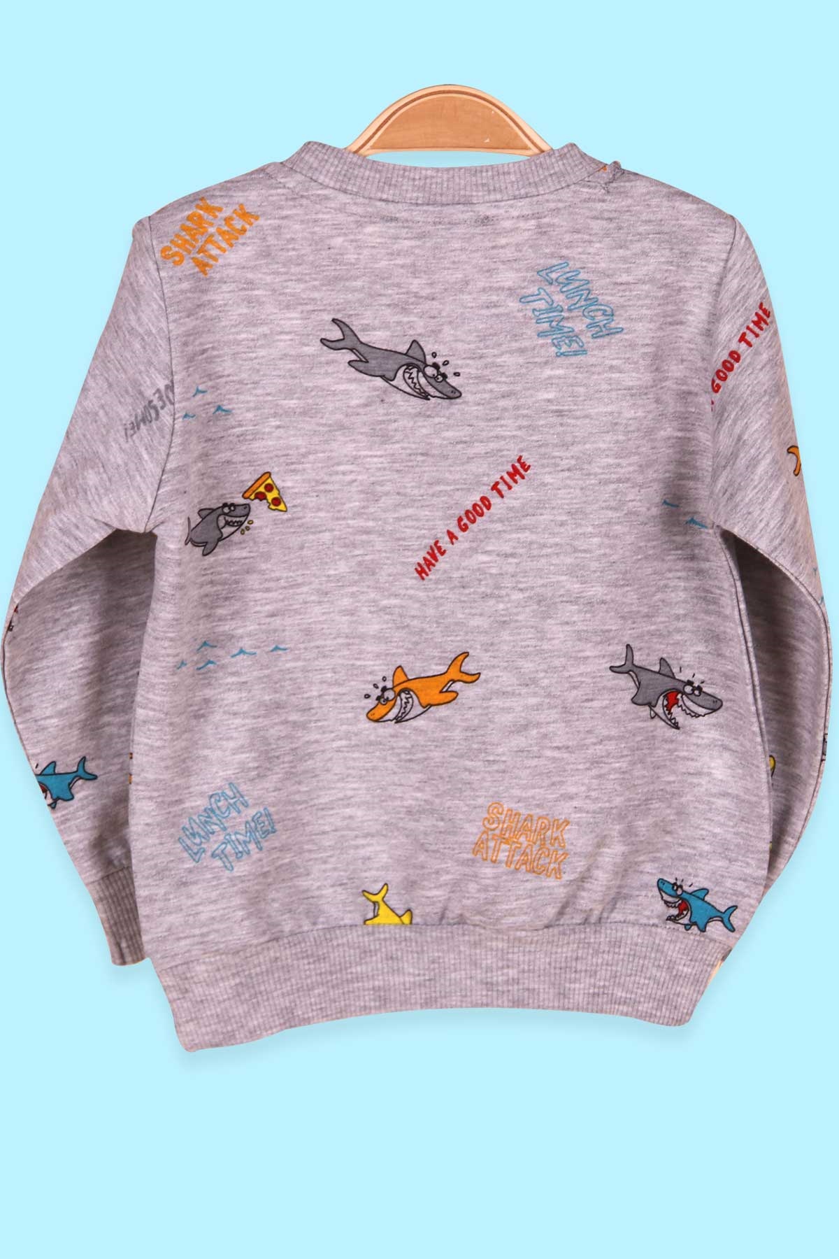 Breeze Kız Çocuk Sweatshirt Pizza Yiyen Köpekbalığı Desenli Gri (1.5-5 Yaş)