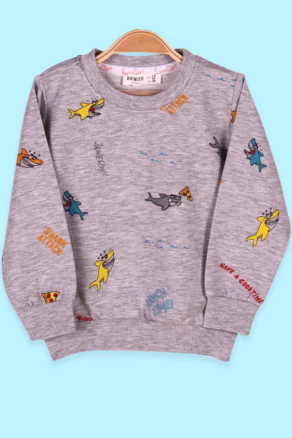 Breeze Kız Çocuk Sweatshirt Pizza Yiyen Köpekbalığı Desenli Gri (1.5-5 Yaş)