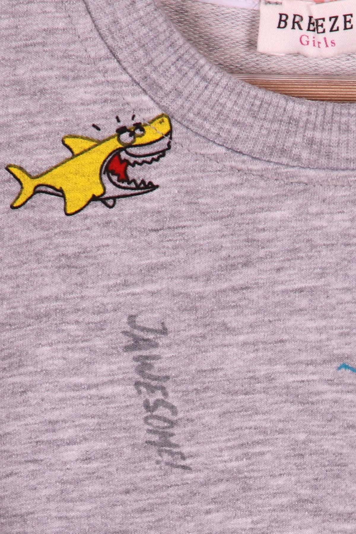 Breeze Kız Çocuk Sweatshirt Pizza Yiyen Köpekbalığı Desenli Gri (1.5-5 Yaş)