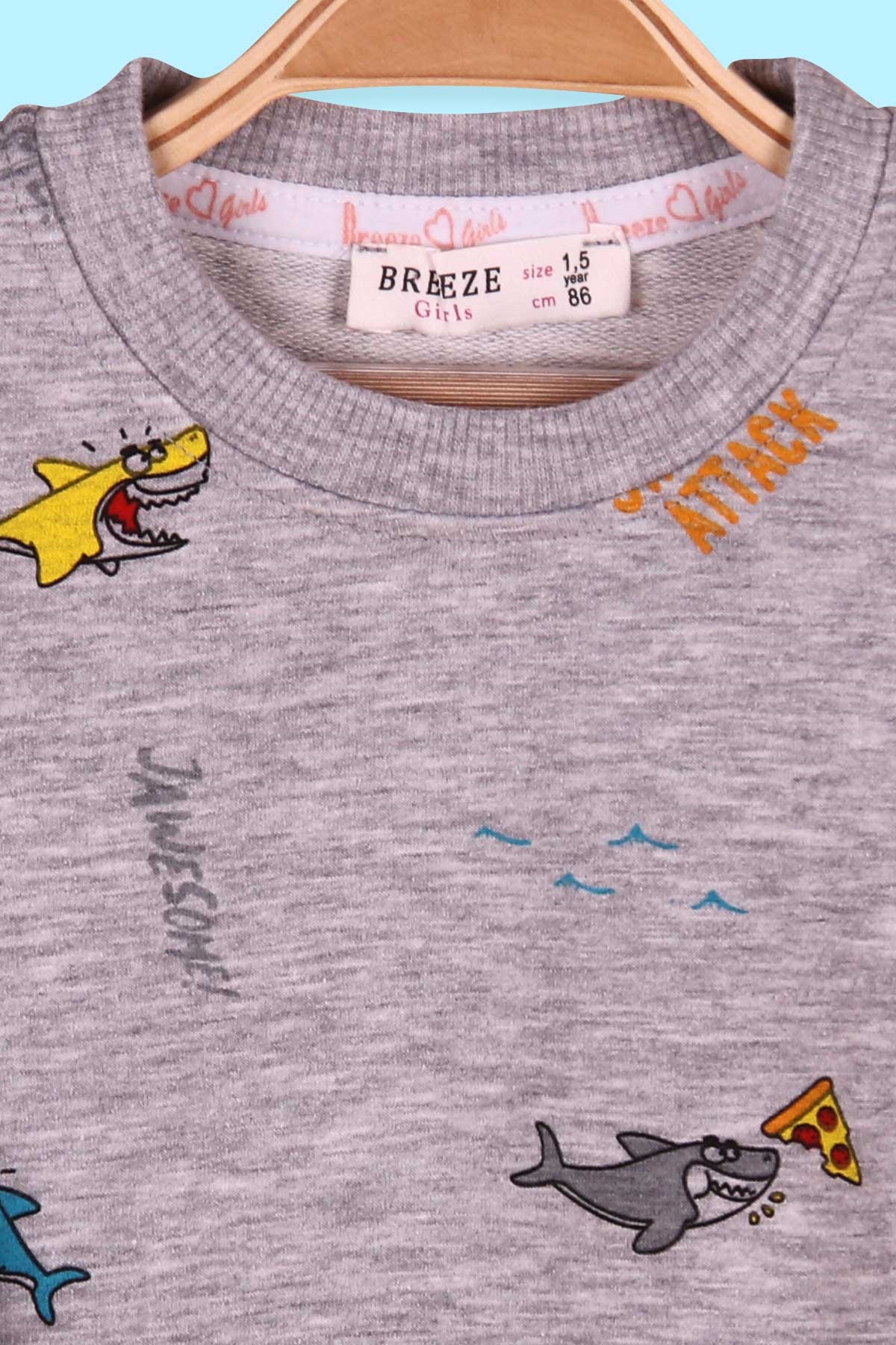 Breeze Kız Çocuk Sweatshirt Pizza Yiyen Köpekbalığı Desenli Gri (1.5-5 Yaş)