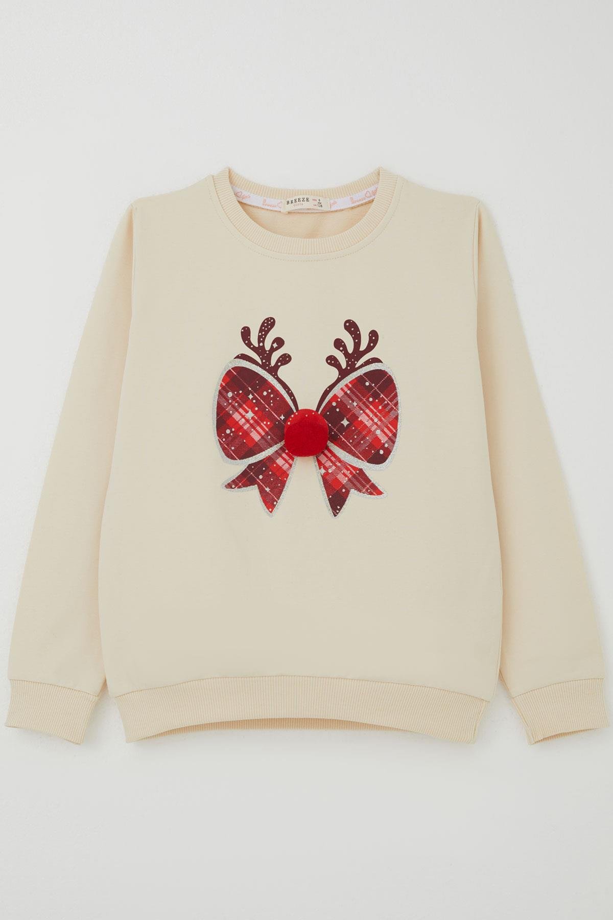 Breeze Kız Çocuk Sweatshirt Ponponlu Yılbaşı Kurdeleli Krem (6-12 Yaş)