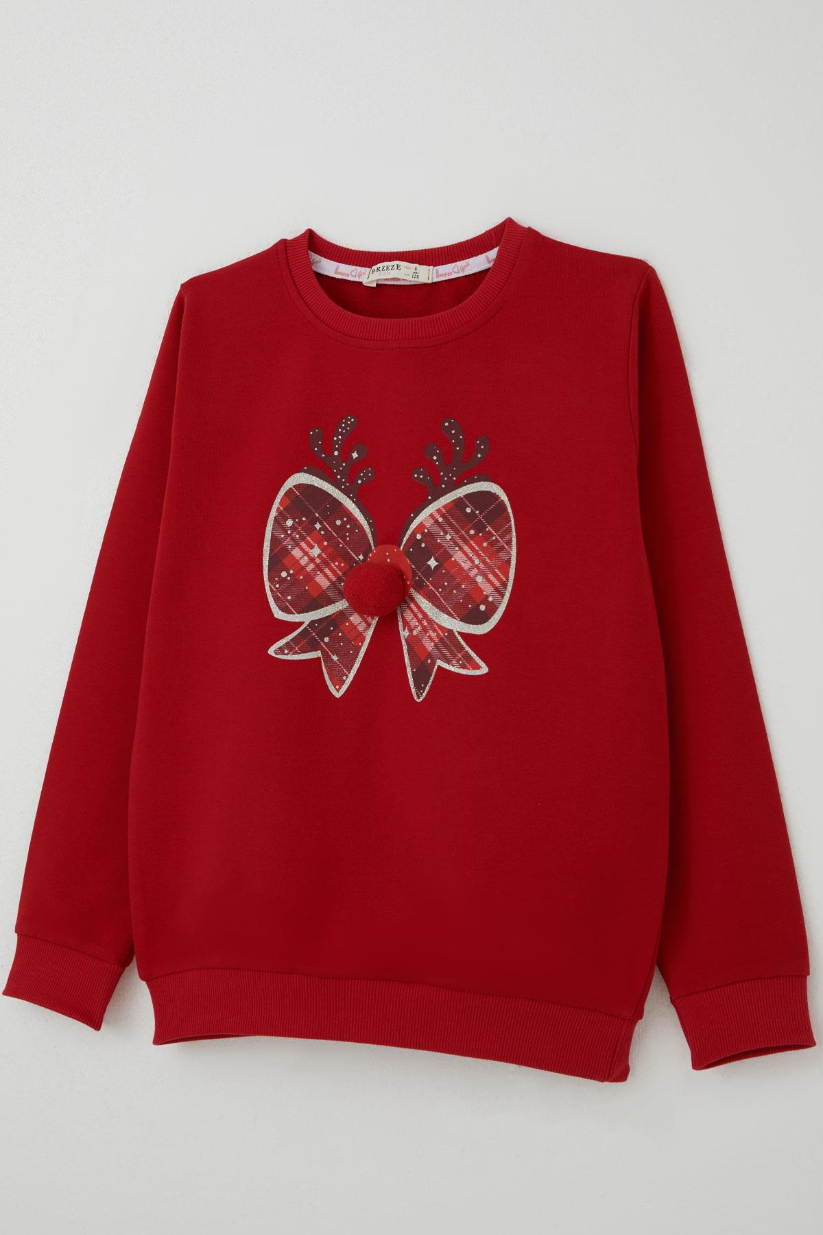 Breeze Kız Çocuk Sweatshirt Ponponlu Yılbaşı Kurdeleli Kırmızı (6-12 Yaş)