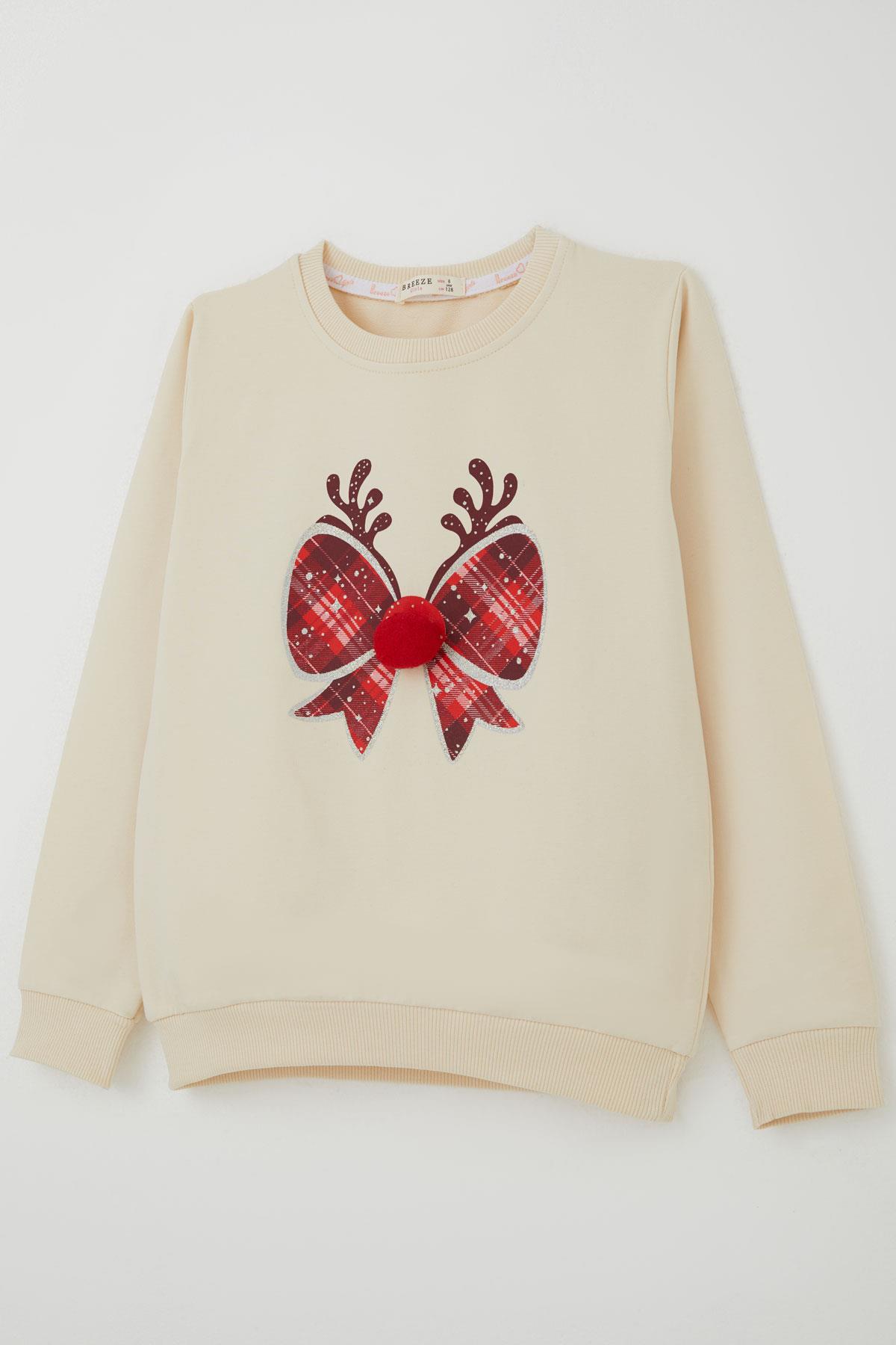 Breeze Kız Çocuk Sweatshirt Ponponlu Yılbaşı Kurdeleli Krem (6-12 Yaş)