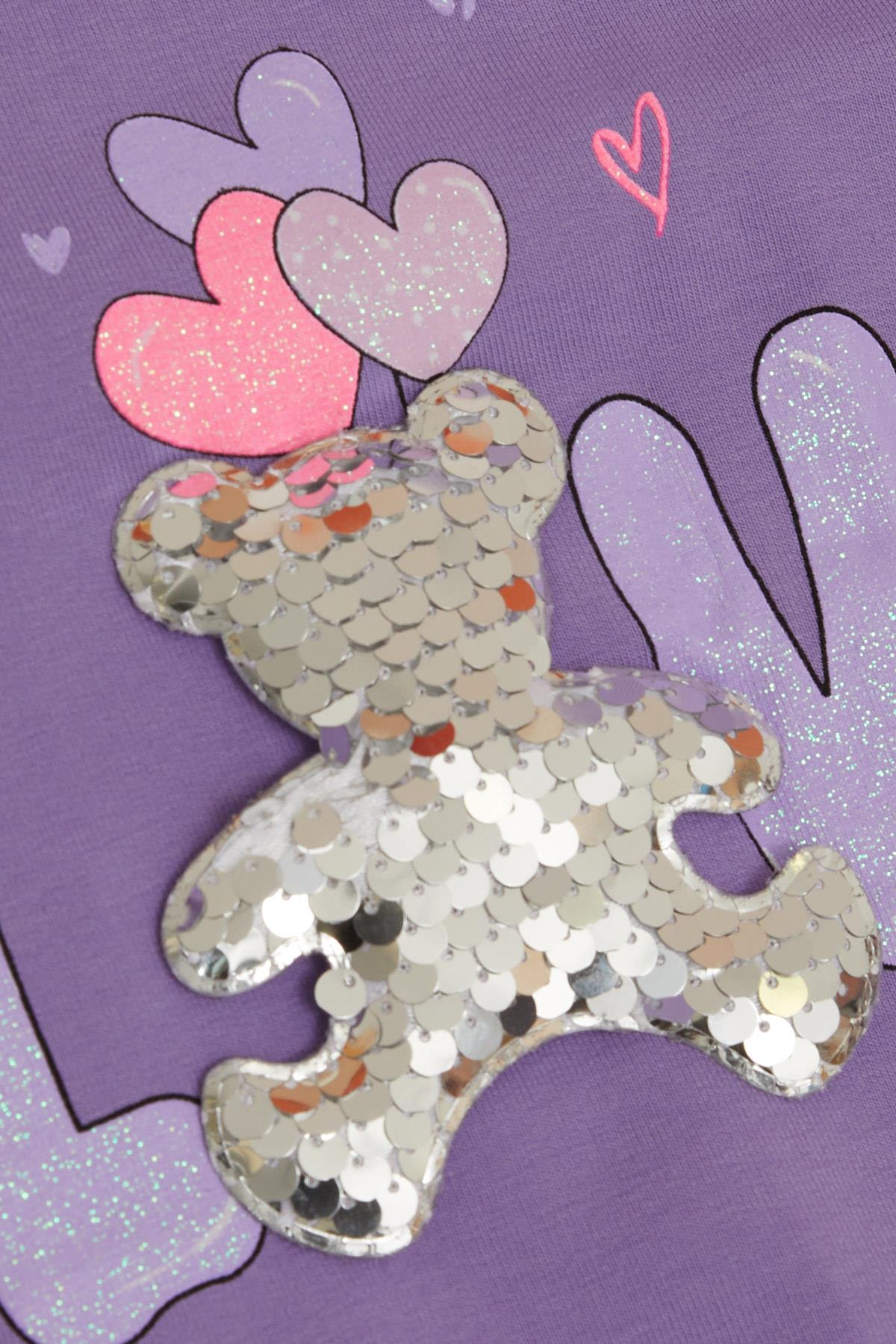 Breeze Kız Çocuk Sweatshirt Pullu Ayıcık Aksesuarlı Simli Yazı Baskılı Eflatun (1.5-5 Yaş)