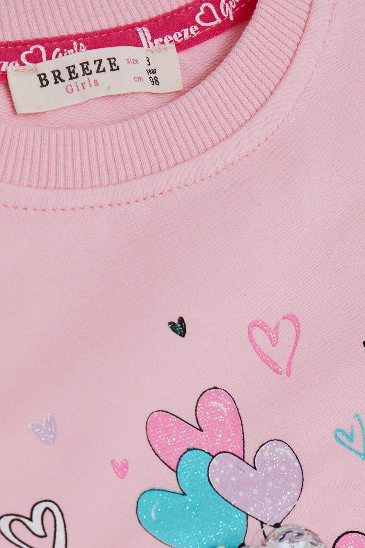 Breeze Kız Çocuk Sweatshirt Pullu Ayıcık Aksesuarlı Simli Yazı Baskılı Pembe (1.5-5 Yaş)
