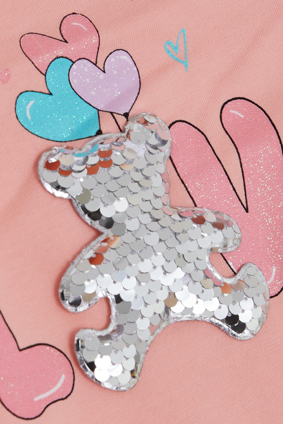 Breeze Kız Çocuk Sweatshirt Pullu Ayıcık Aksesuarlı Simli Yazı Baskılı Somon (1.5-5 Yaş)