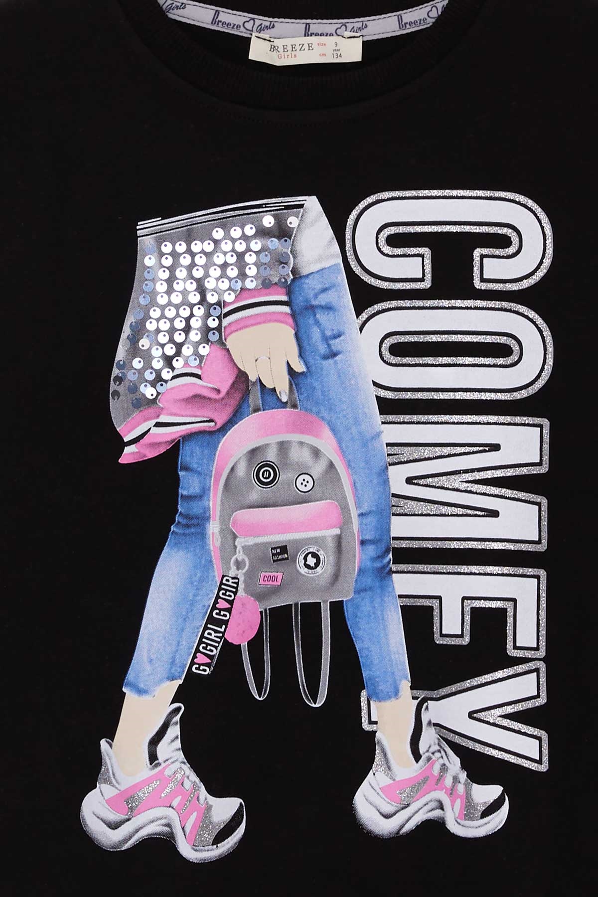 Breeze Kız Çocuk Sweatshirt Pullu Baskılı Siyah (9-14 Yaş)