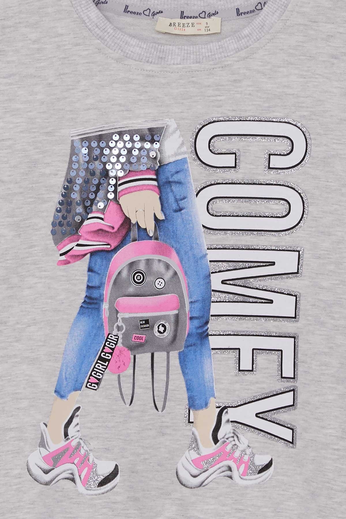 Breeze Kız Çocuk Sweatshirt Pullu Baskılı Açık Gri Melanj (9-14 Yaş)