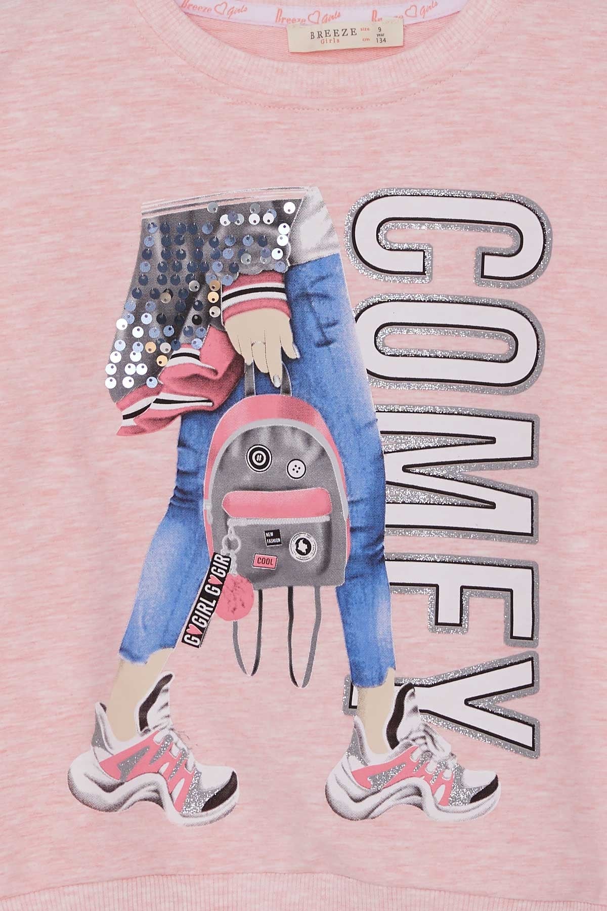 Breeze Kız Çocuk Sweatshirt Pullu Baskılı Somon Melanj (9-14 Yaş)