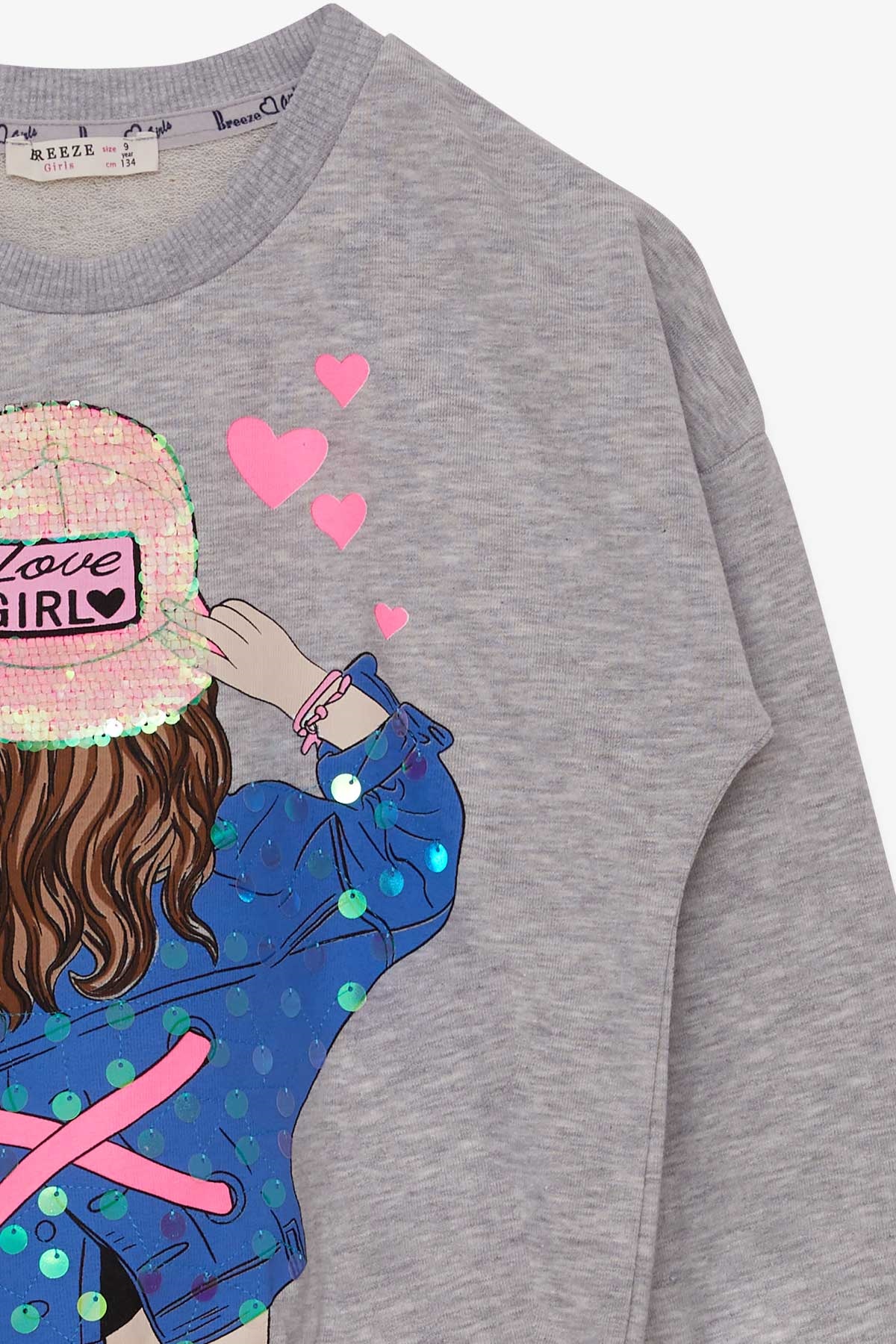 Breeze Kız Çocuk Sweatshirt Pullu Beli Lastikli Kız Baskılı Açık Gri Melanj (9-14 Yaş)