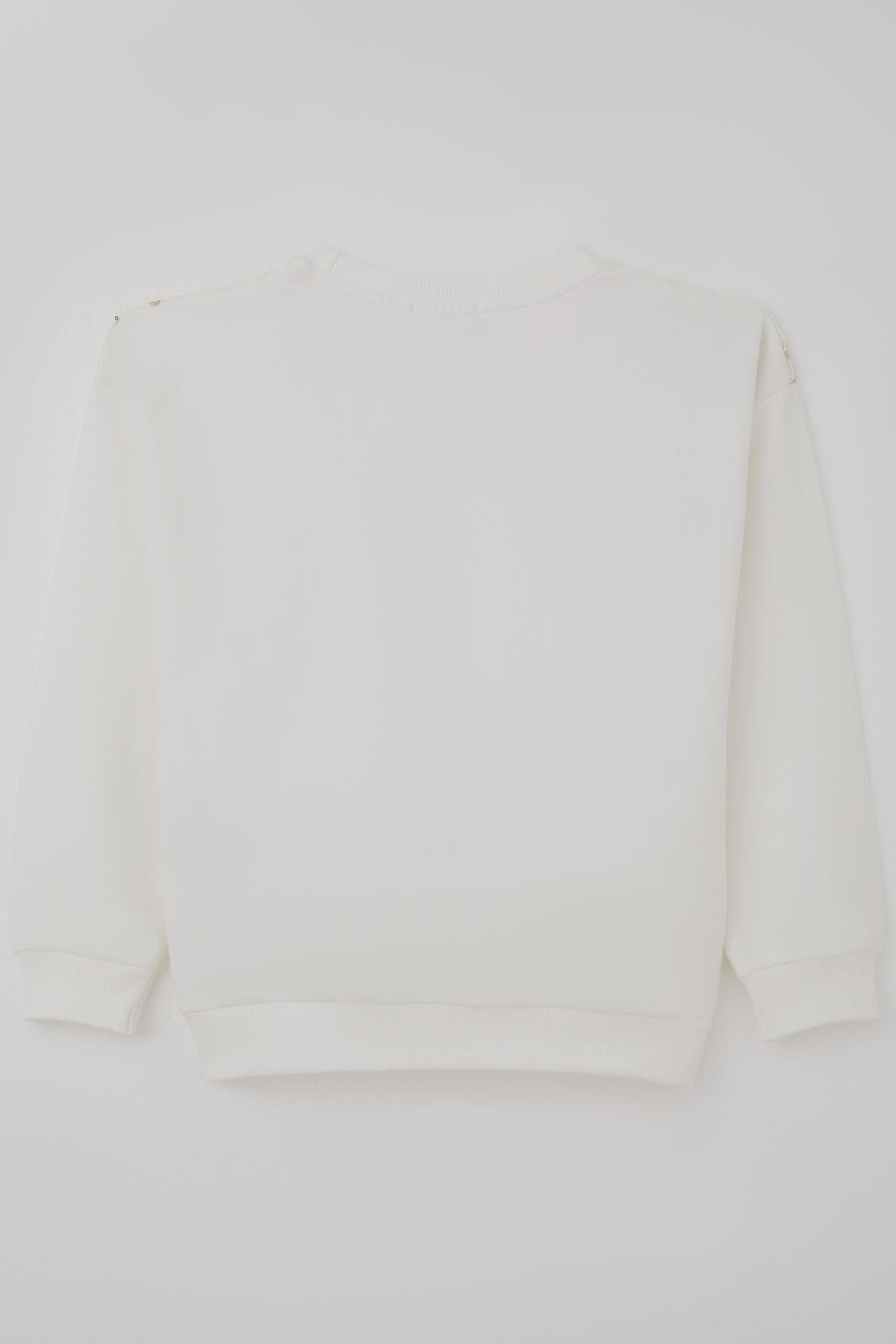 Breeze Kız Çocuk Sweatshirt Pullu Kelebek İşlemeli Tülü Çiçek Detaylı Ekru (8-12 Yaş)