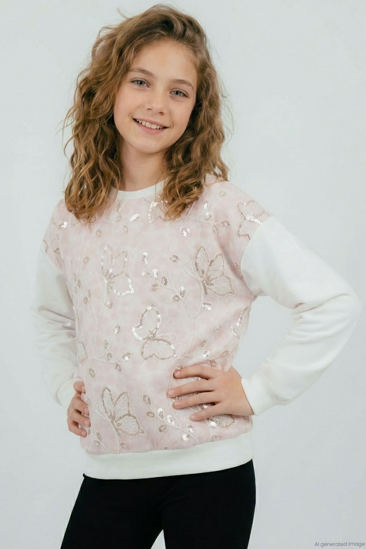 Breeze Kız Çocuk Sweatshirt Pullu Kelebek İşlemeli Tülü Çiçek Detaylı Pembe (8-12 Yaş)