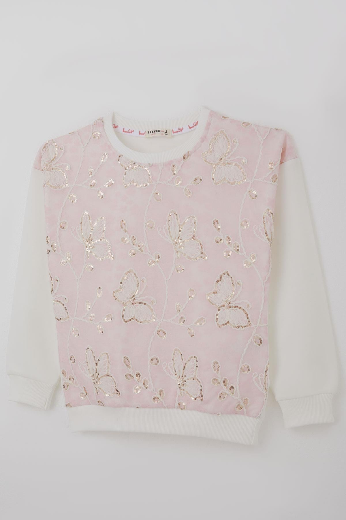 Breeze Kız Çocuk Sweatshirt Pullu Kelebek İşlemeli Tülü Çiçek Detaylı Pembe (8-12 Yaş)