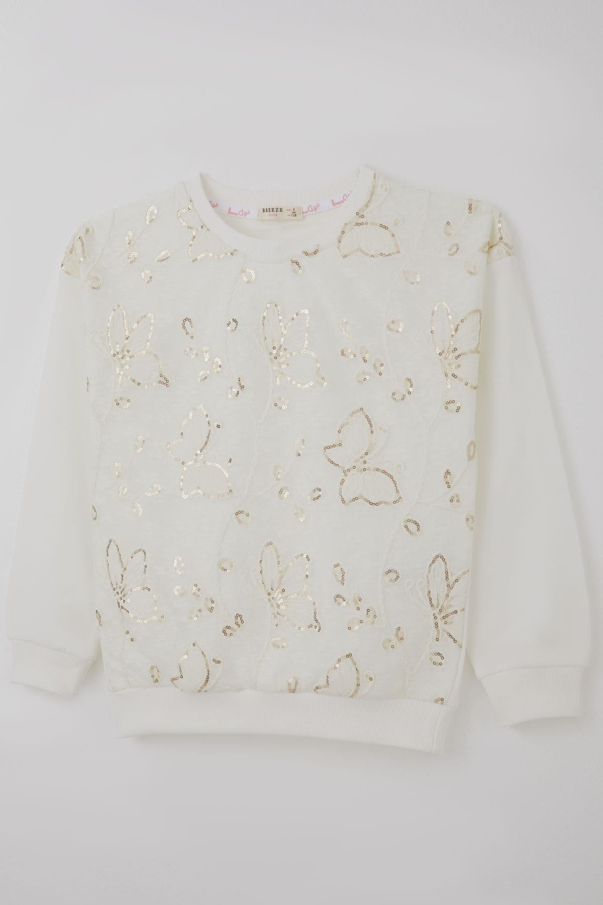 Breeze Kız Çocuk Sweatshirt Pullu Kelebek İşlemeli Tülü Çiçek Detaylı Ekru (8-12 Yaş)
