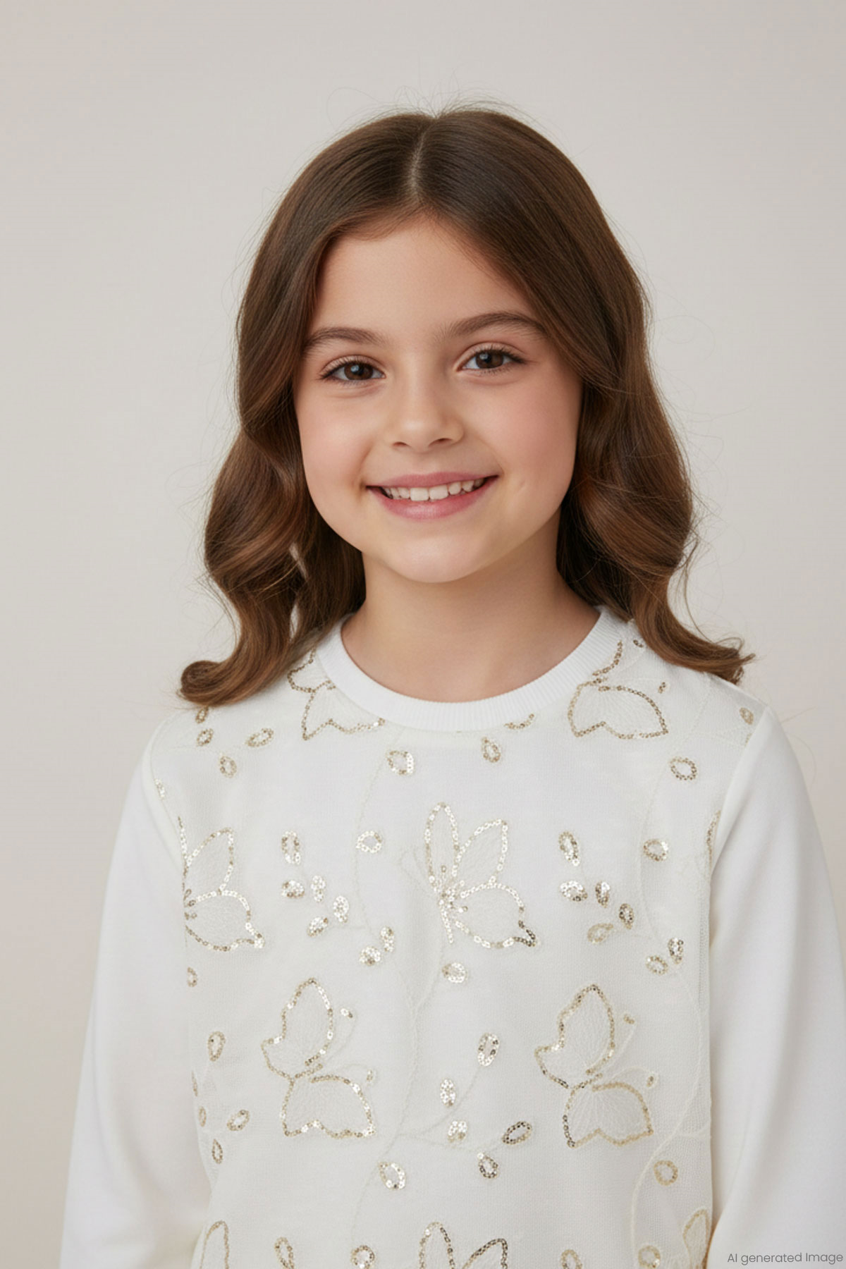 Breeze Kız Çocuk Sweatshirt Pullu Kelebek İşlemeli Tülü Çiçek Detaylı Ekru (8-12 Yaş)