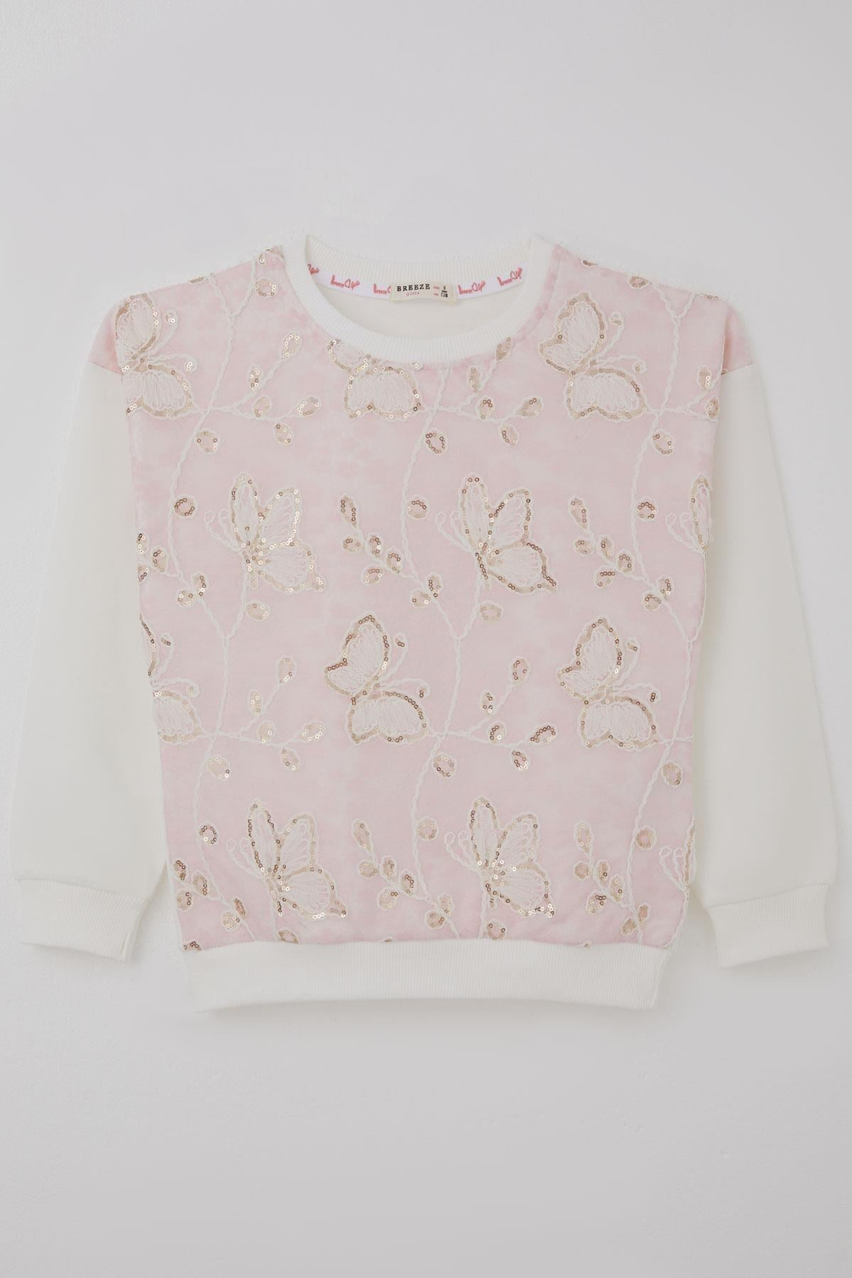 Breeze Kız Çocuk Sweatshirt Pullu Kelebek İşlemeli Tülü Çiçek Detaylı Pembe (8-12 Yaş)