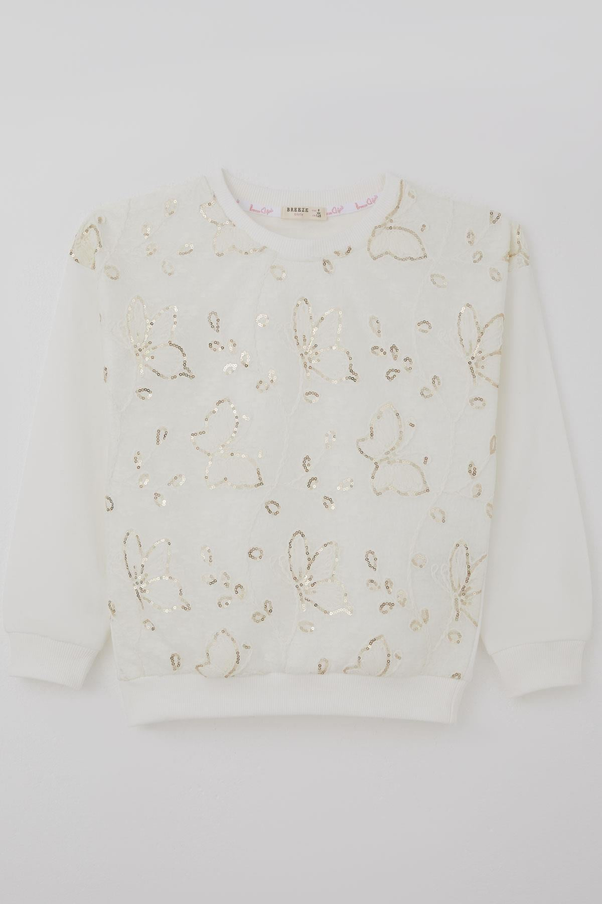 Breeze Kız Çocuk Sweatshirt Pullu Kelebek İşlemeli Tülü Çiçek Detaylı Ekru (8-12 Yaş)