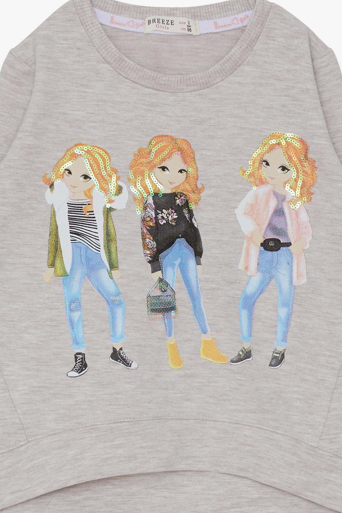 Breeze Kız Çocuk Sweatshirt Pullu Kız Baskılı Bej Melanj (3-8 Yaş)