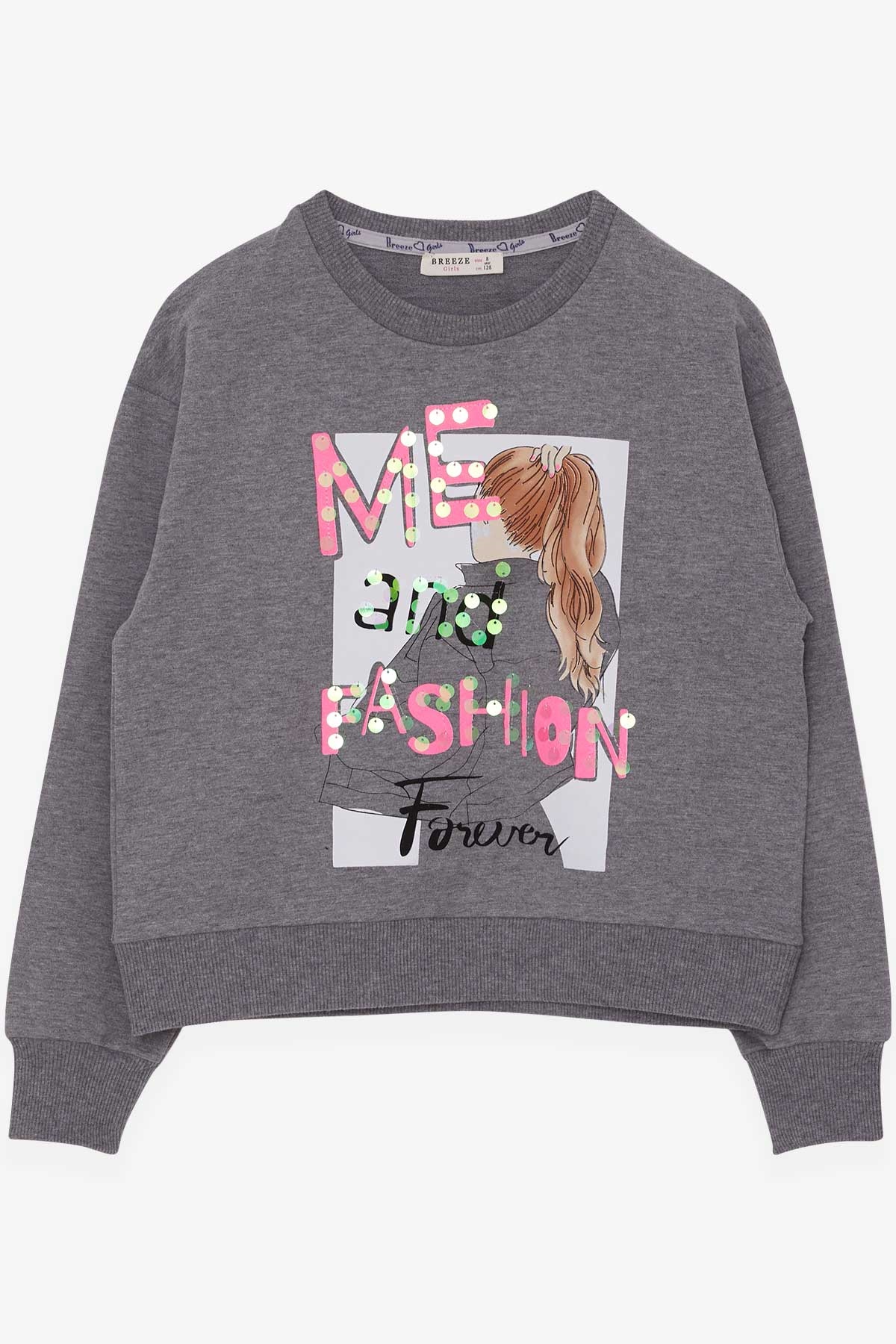Breeze Kız Çocuk Sweatshirt Pullu Kız Baskılı Koyu Gri Melanj (8-14 Yaş)