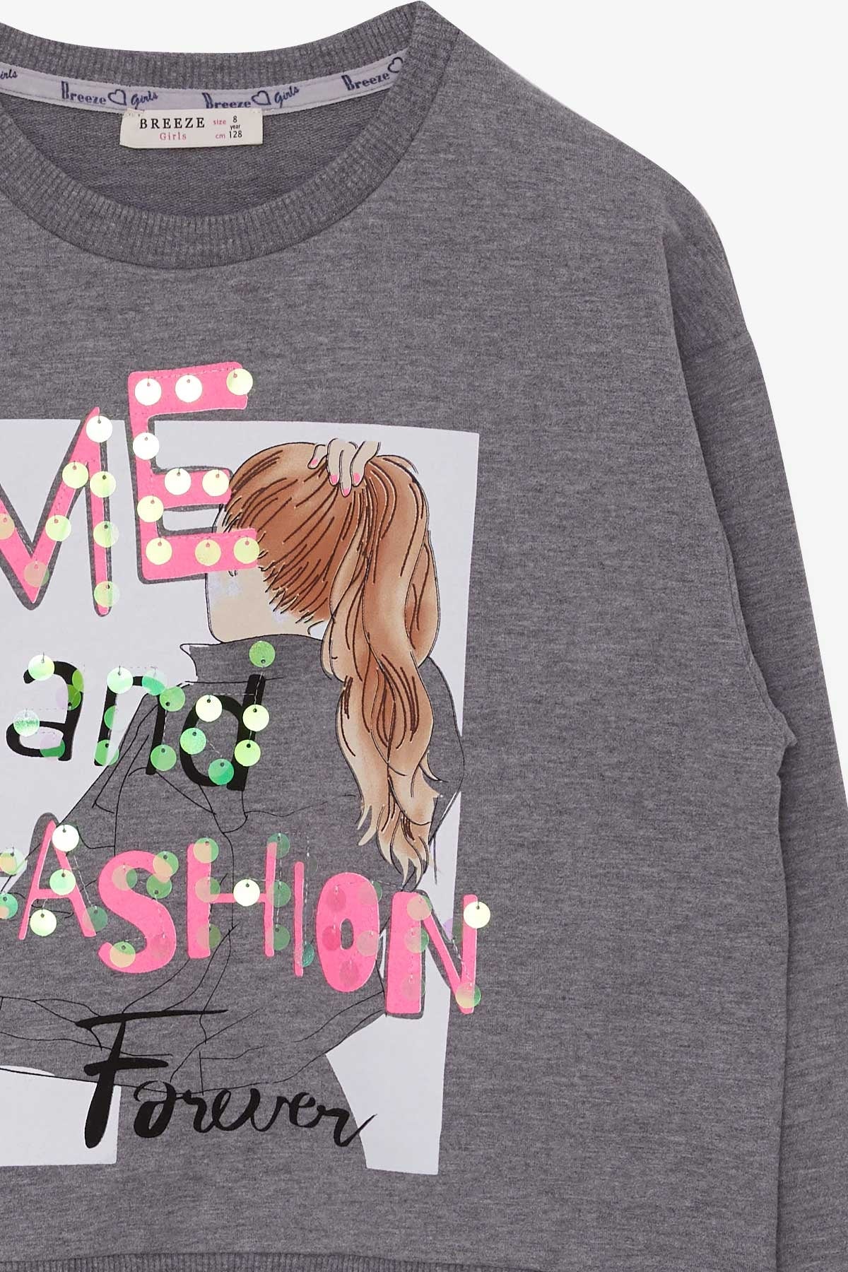 Breeze Kız Çocuk Sweatshirt Pullu Kız Baskılı Koyu Gri Melanj (8-14 Yaş)