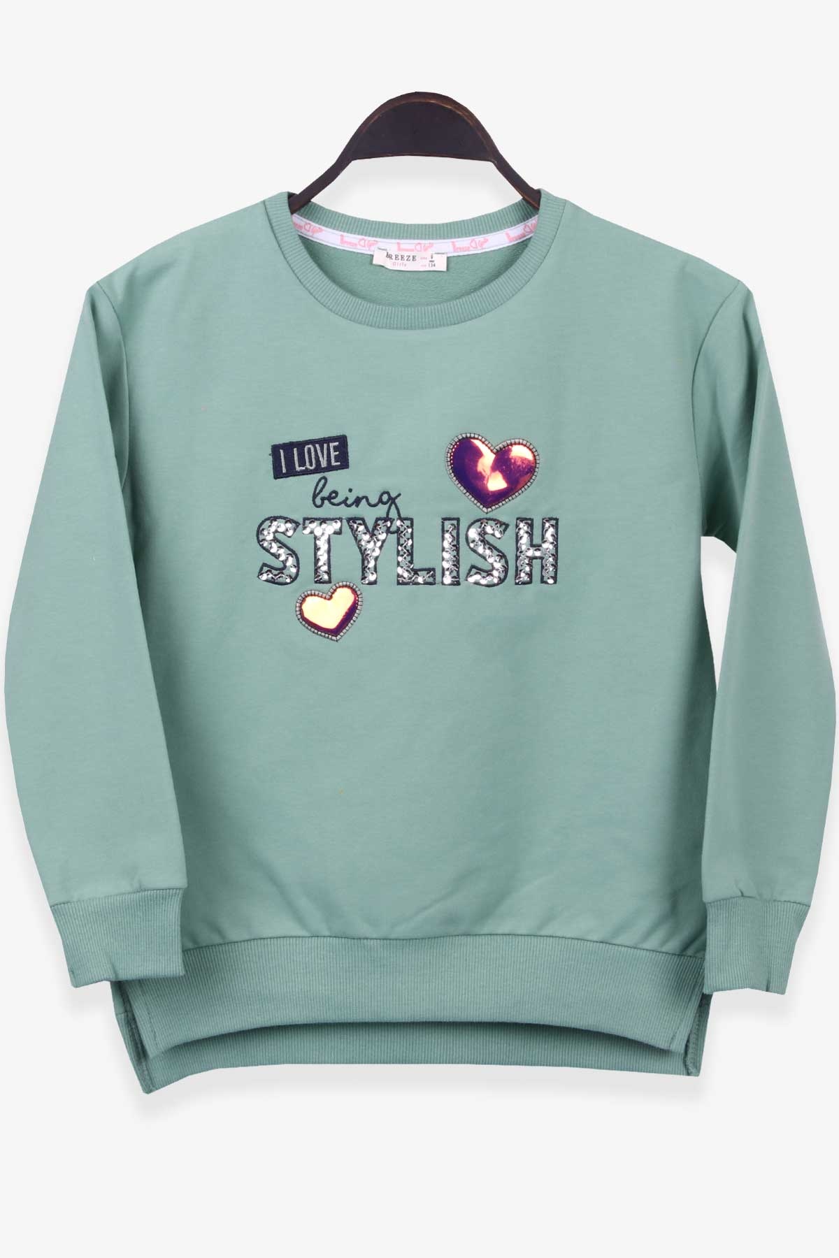 Breeze Kız Çocuk Sweatshirt Pullu Nakışlı Mint Yeşili (9-14 Yaş)