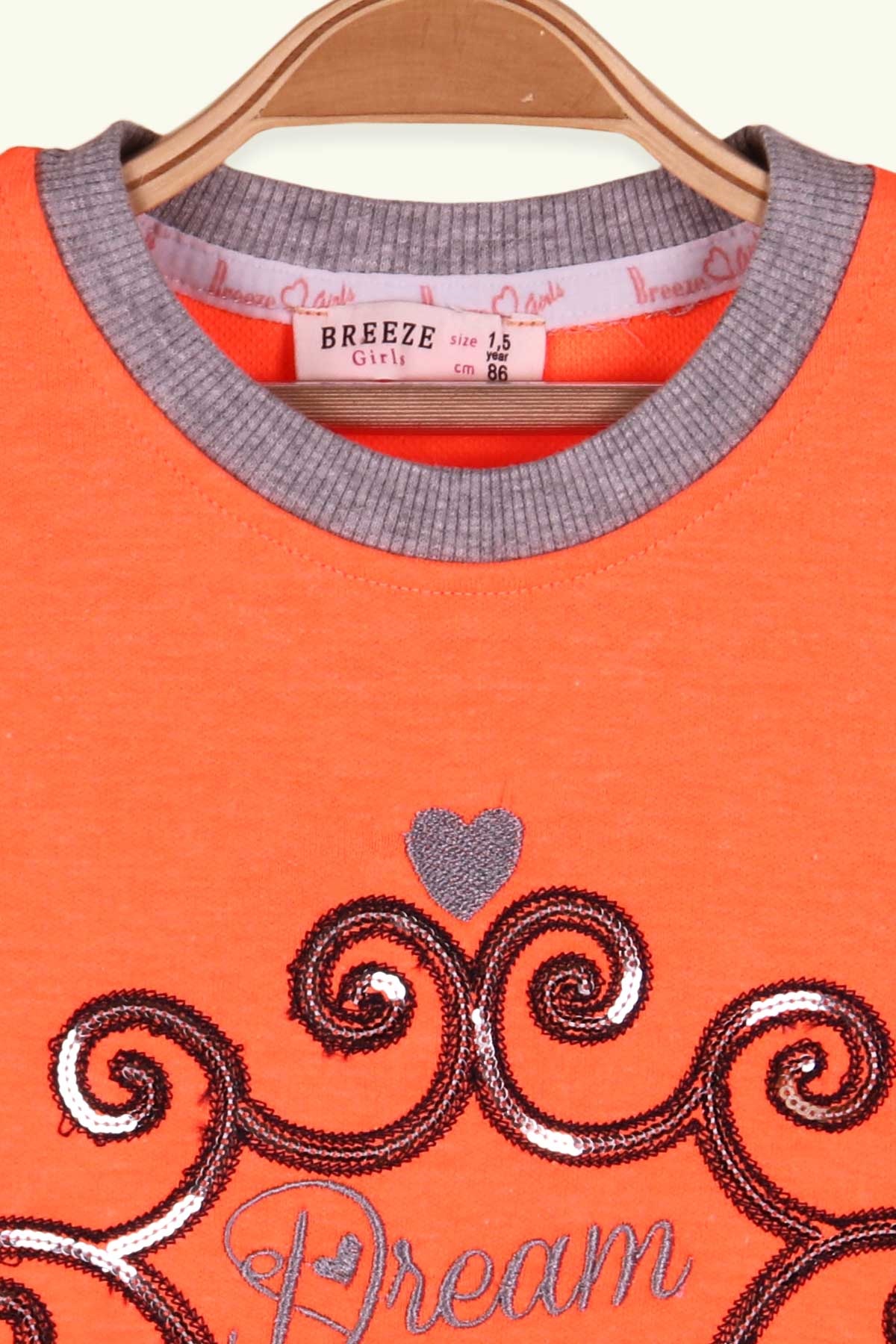 Breeze Kız Çocuk Sweatshirt Pullu Nakışlı Desenli Neon Turuncu (1.5-5 Yaş)